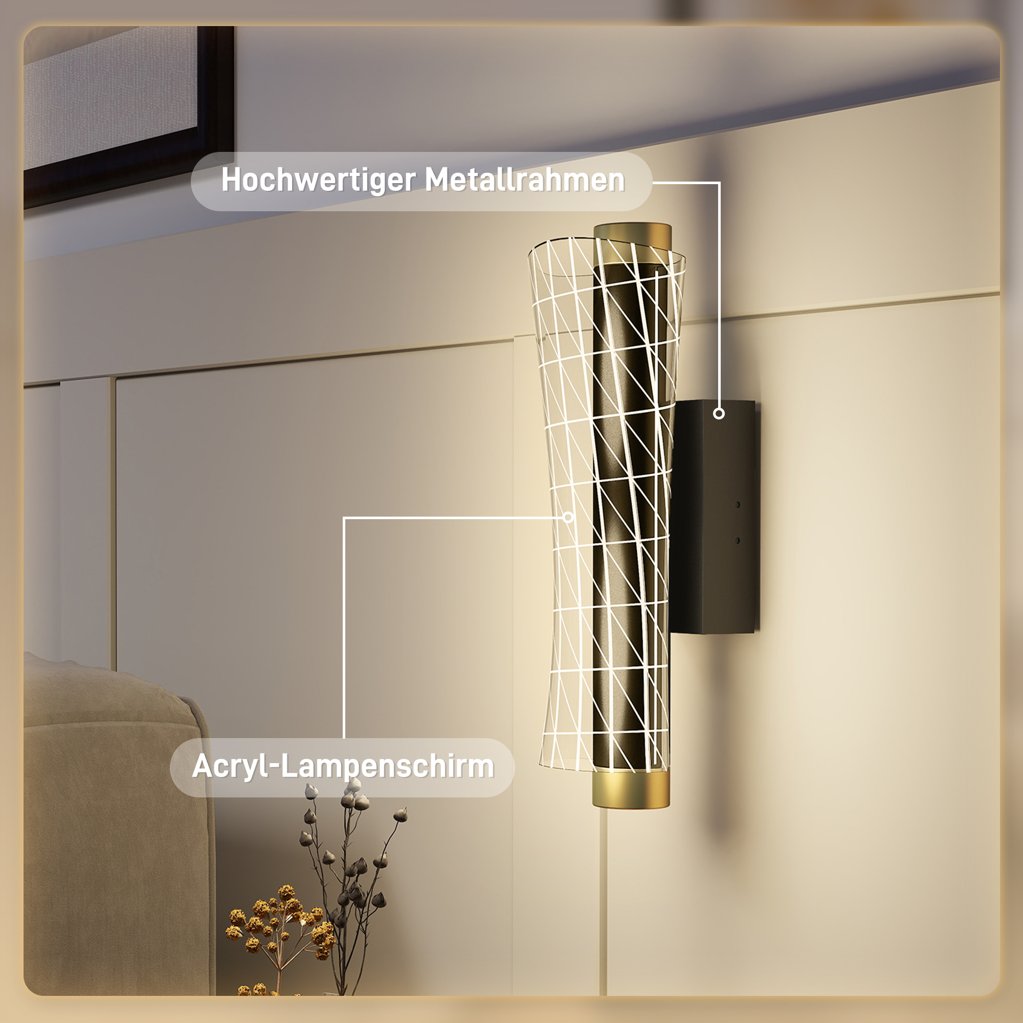 Wandleuchte Innen Wandlampe mit LED Lichte, Gitterdesign, Dimmbar Nachttischlampe Metall, Schwarz