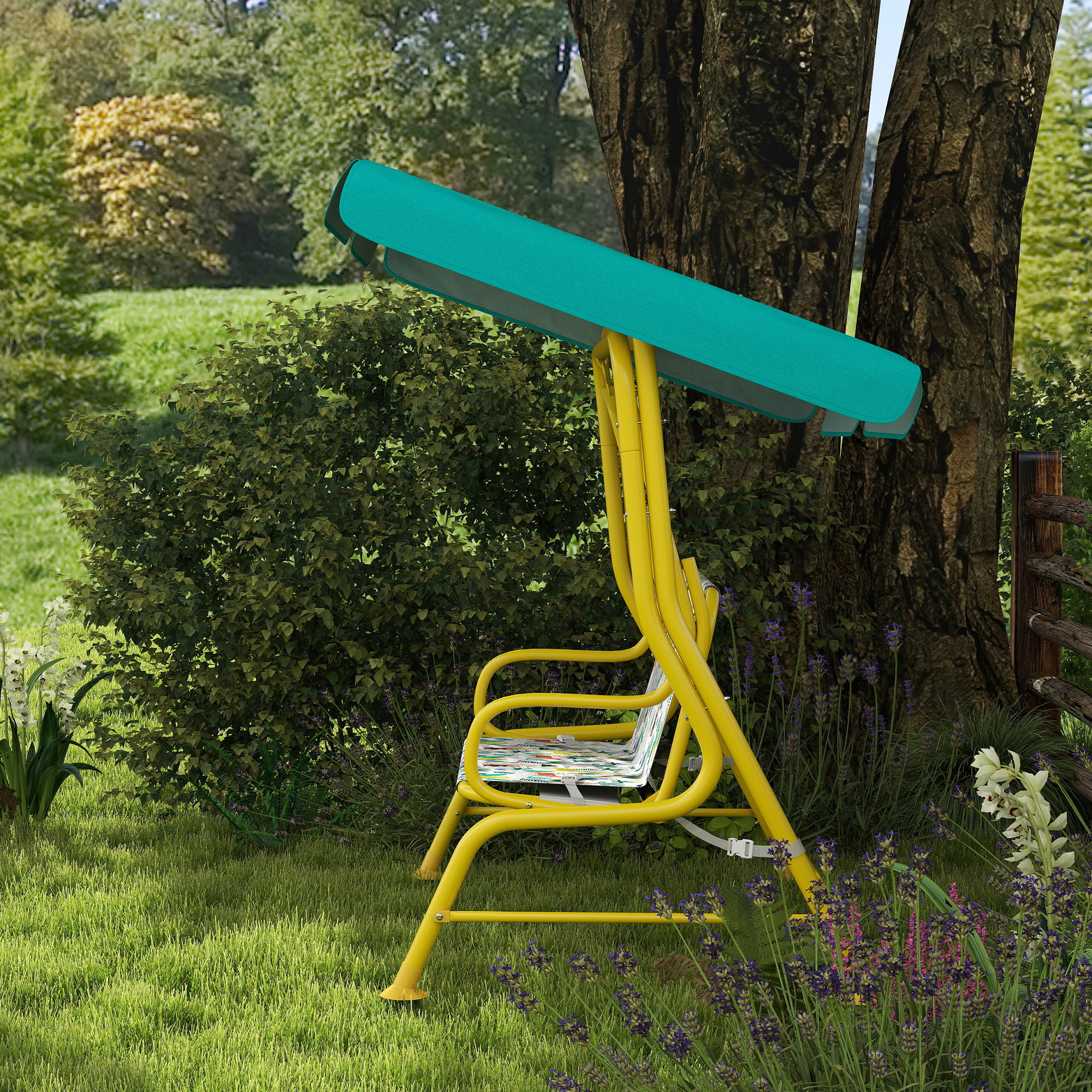 2-Sitzer Kinder Hollywoodschaukel mit verstellbar Sonnendach Sicherheitsgurt für 3-6 Jahre bis 60 kg 112x75x120cm Grün