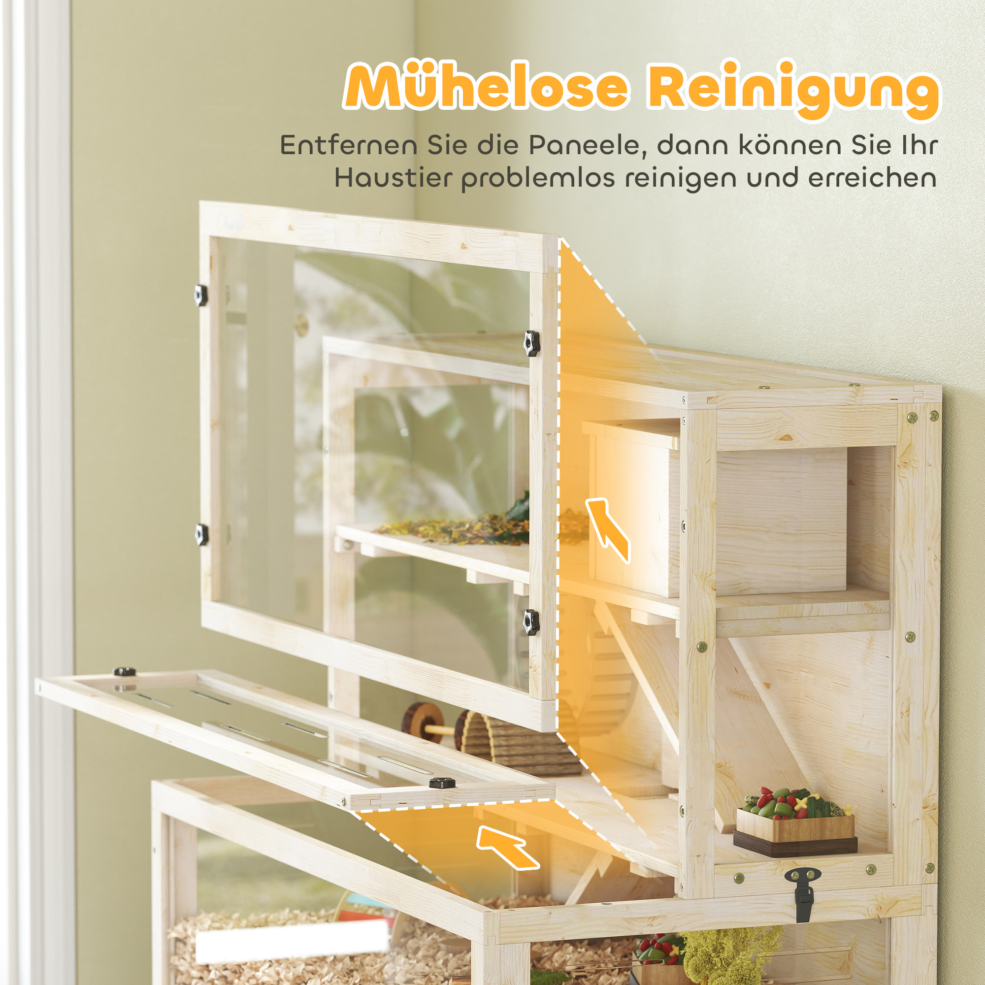 Hamsterkäfig, 3 Ebenen, Hütte, Zubehör, 100 x 50 x 84 cm, für mehrere Kleintiere, Holz, Kunststoff