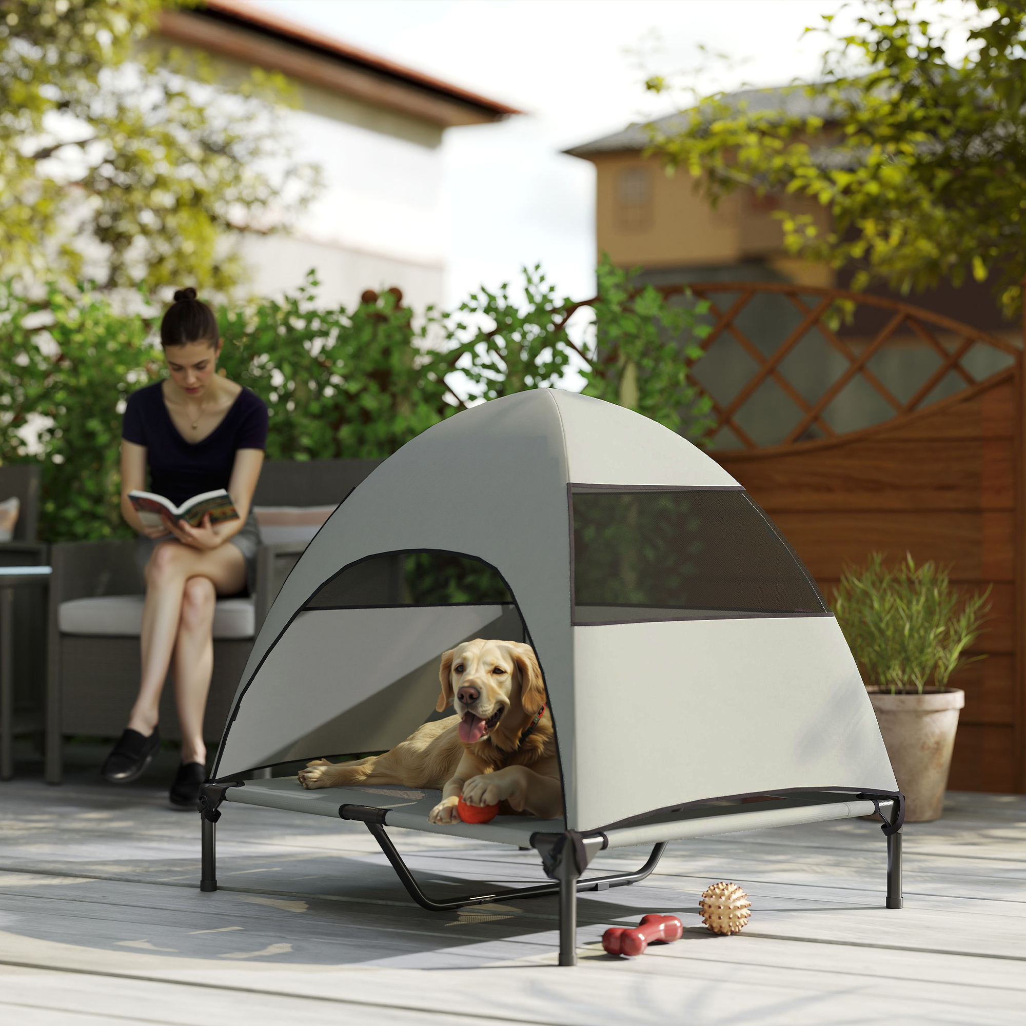 Hundeliege Outdoor mit Dach, erhöhtes Hundebett für Große Hunde, 91 x 76 x 90 cm, Hellgrau