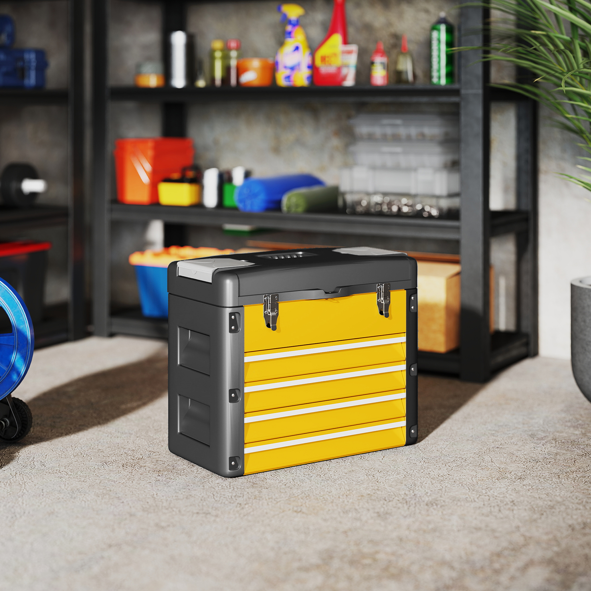 Werkzeugkiste leer, 49,7 x 25,3 x 40,7 cm Werkzeugkasten mit 4 Schubladen, Mini-Box Stahl Gelb