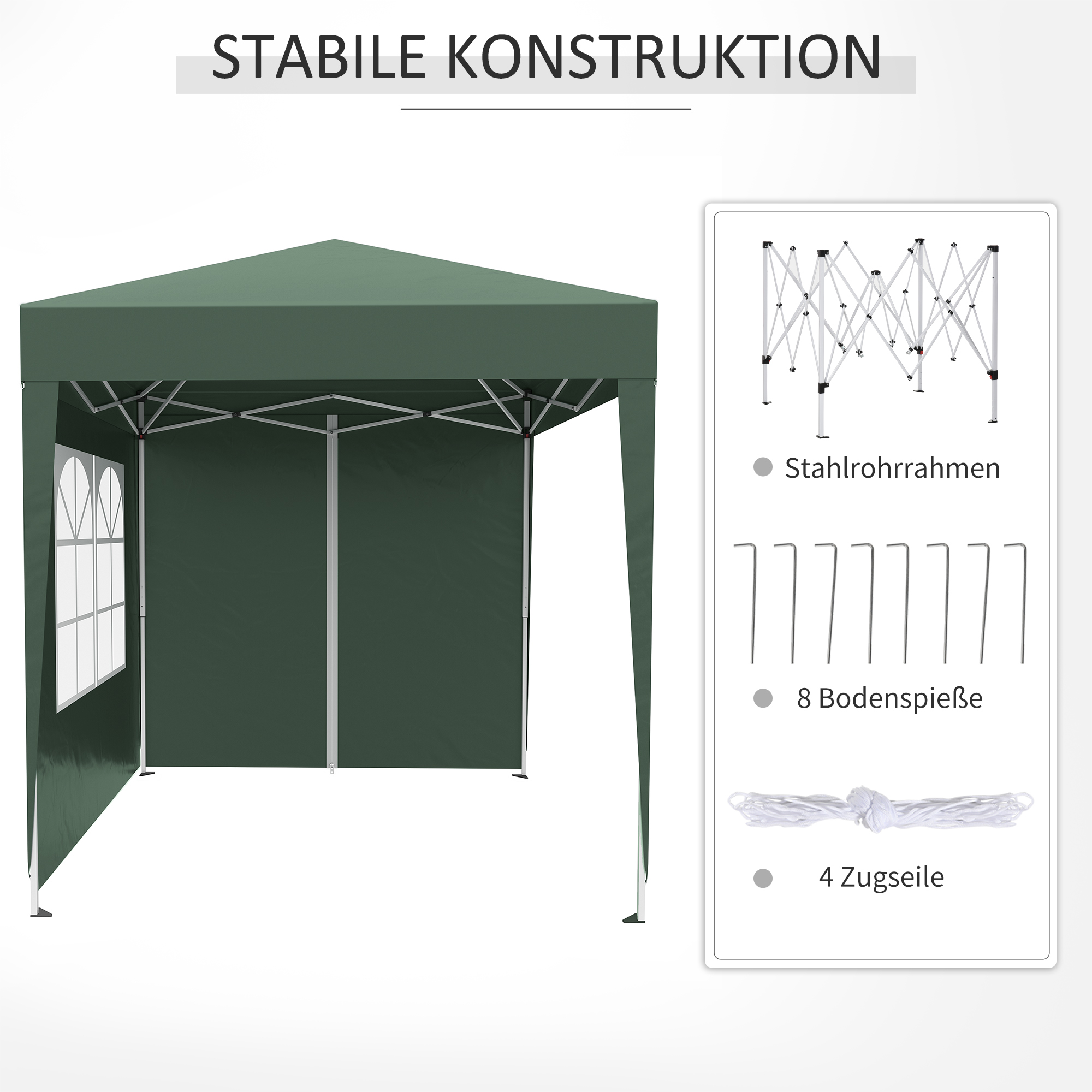 Faltpavillon, Bierzelt, 4 abnehmbare Seitenwände, 2 Fenster, Metallrahmen, 2 x 2m, Dunkelgrün