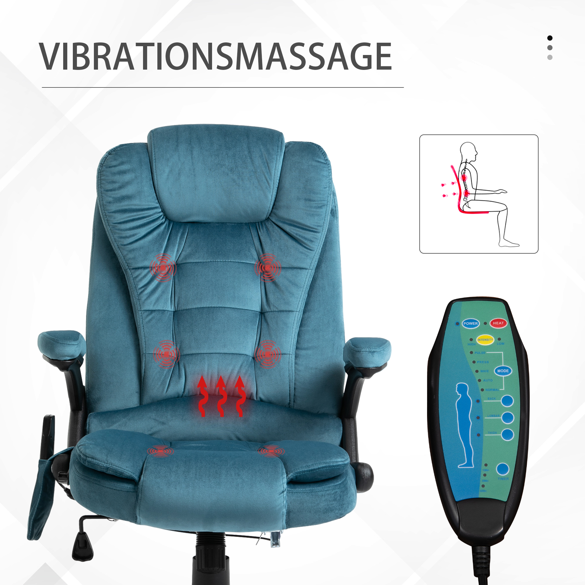 Bürostuhl Massagesessel mit Wärmefunktion Chefsessel mit Massagefunktion höhenverstellbarer ergonomischer Gamingstuhl massage Blau 68 x 72 x 110-120 cm
