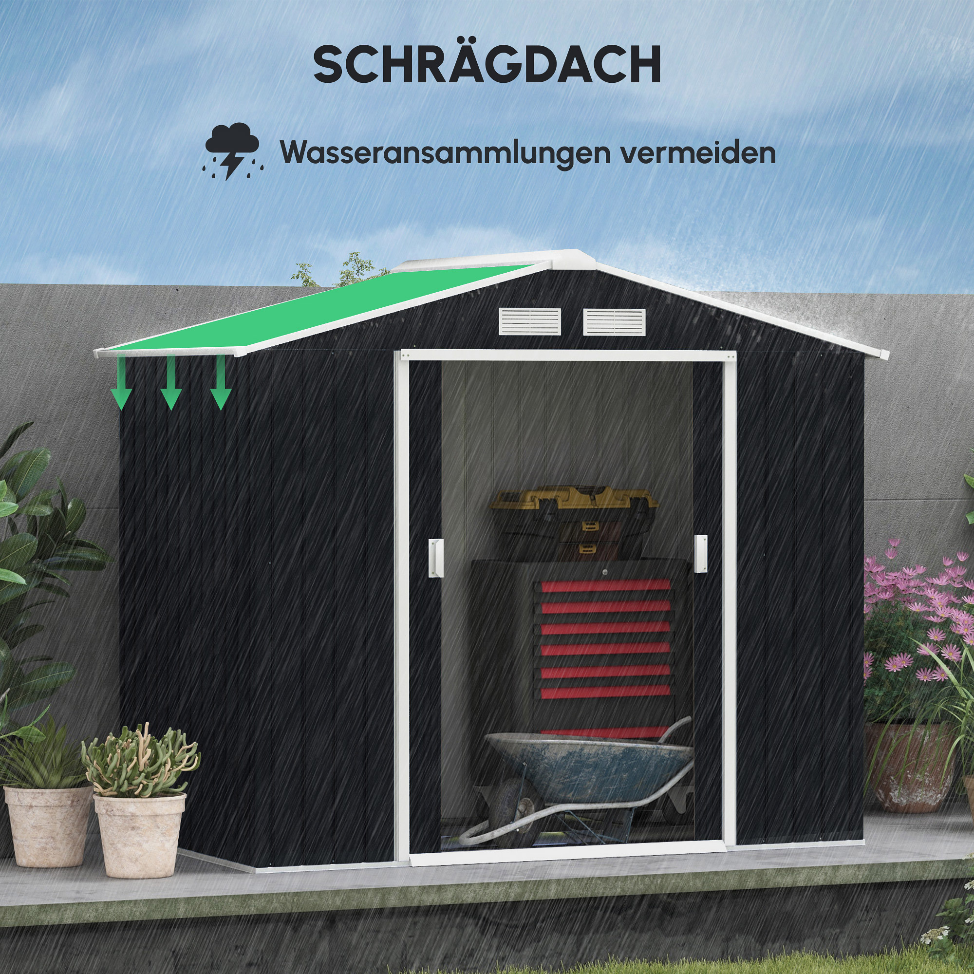 Geräteschuppen mit Schiebetüren 2,13 x 1,30 x 1,85cm Metall Kohlegrau