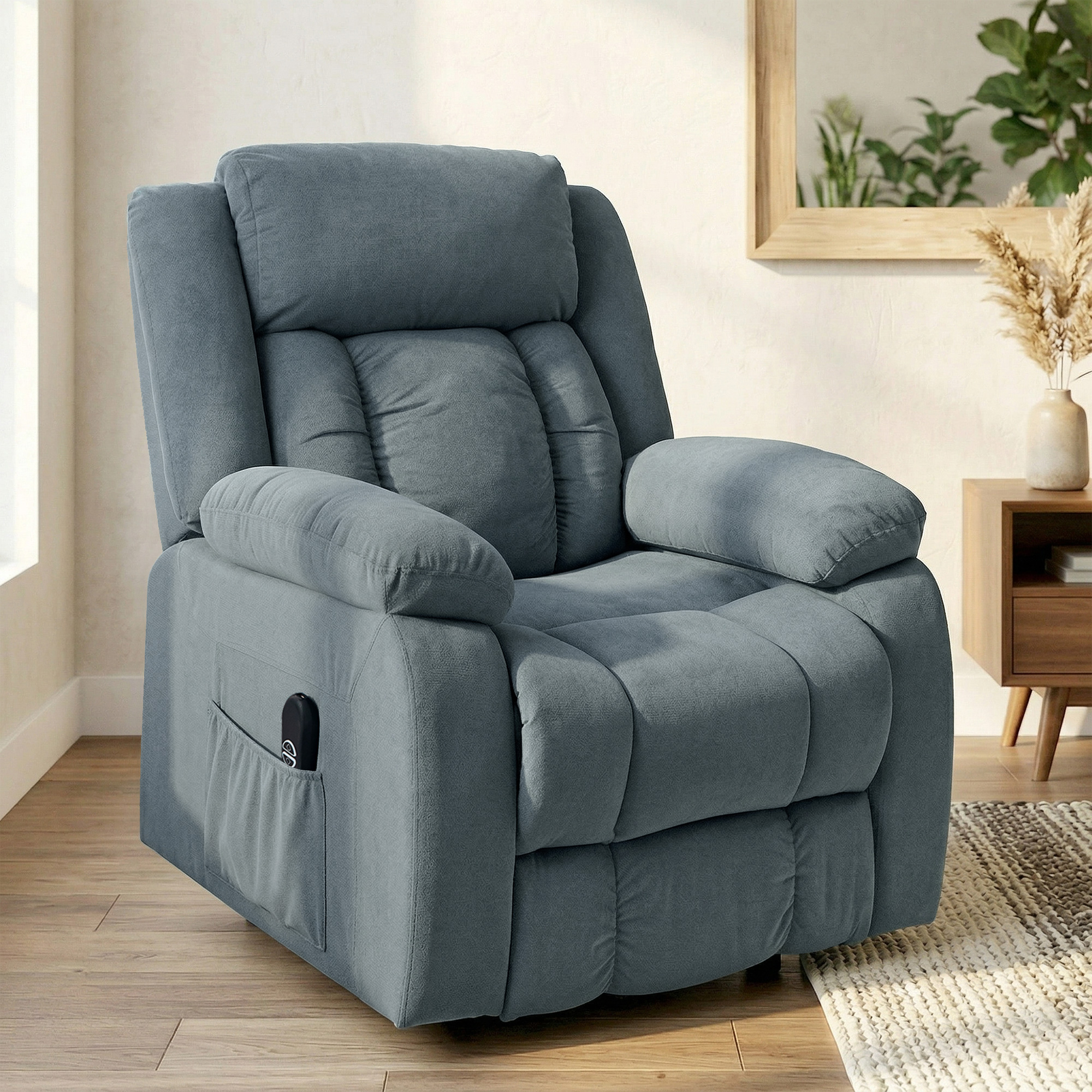 Aufstehsessel mit weichem Bezug, Recliner-Sessel mit Fernbedienung und Seitentaschen, Grau
