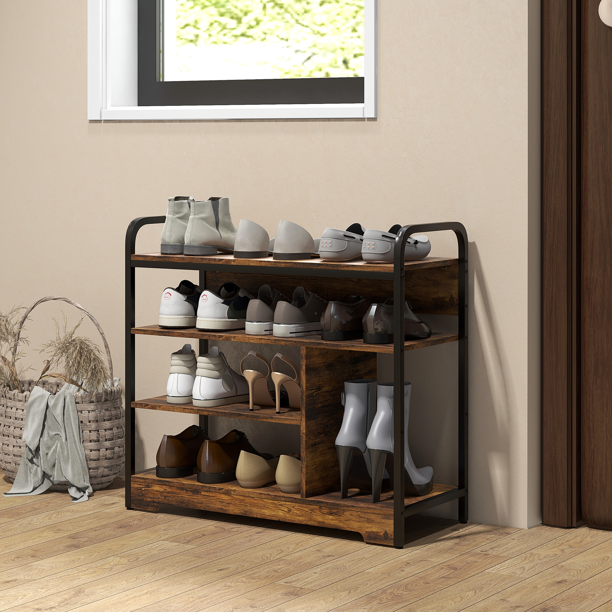Schuhregal 4-stufig, offenes Design, Metallrahmen, verstellbare Füße, 70x30x65 cm, Braun/Schwarz