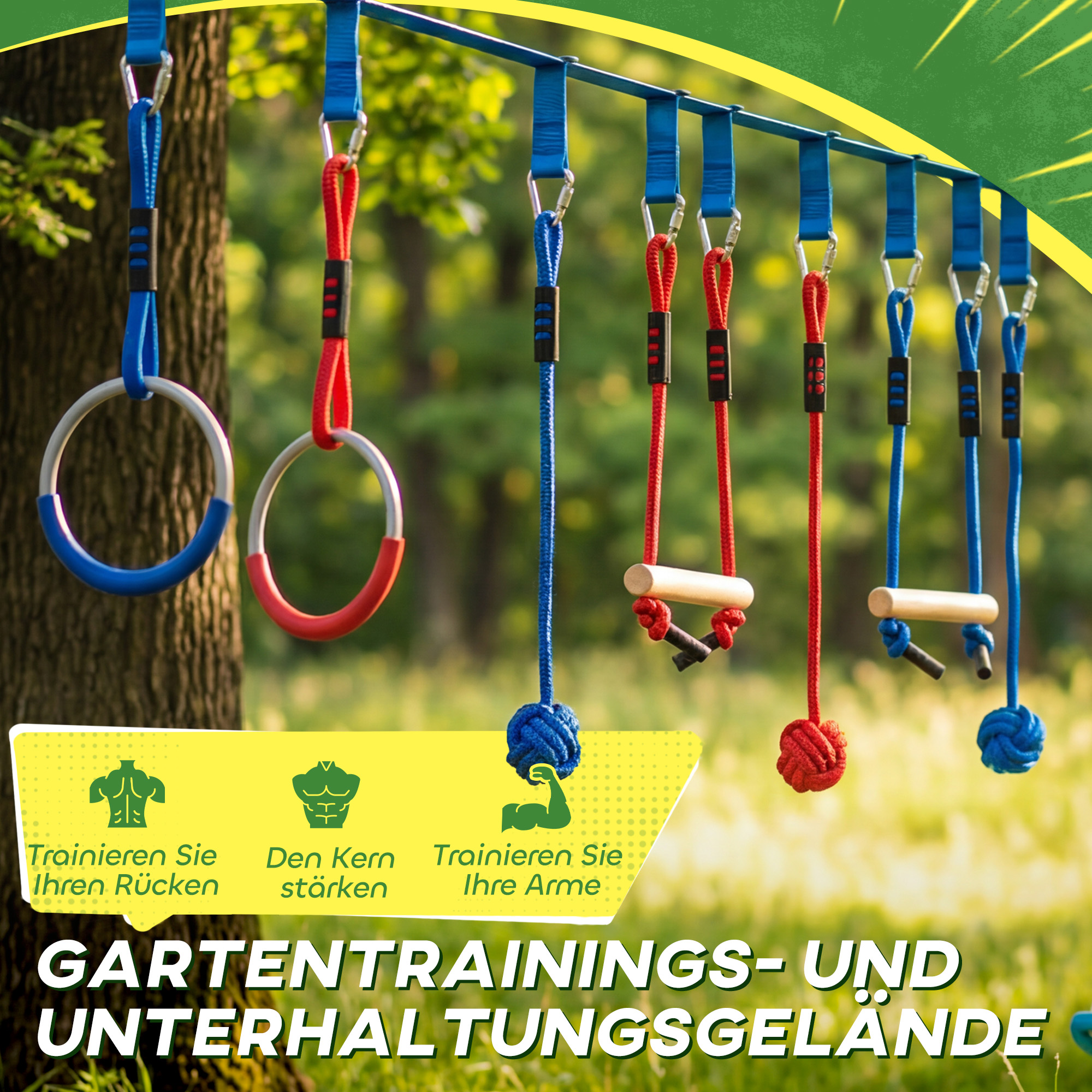 Ninja Line Kinder 10m 9-teilig Slackline Set mit 2 Turnringe 3-in-1 Schaukel 2 Kletterstange für 3-8 Jahre Mehrfarbig