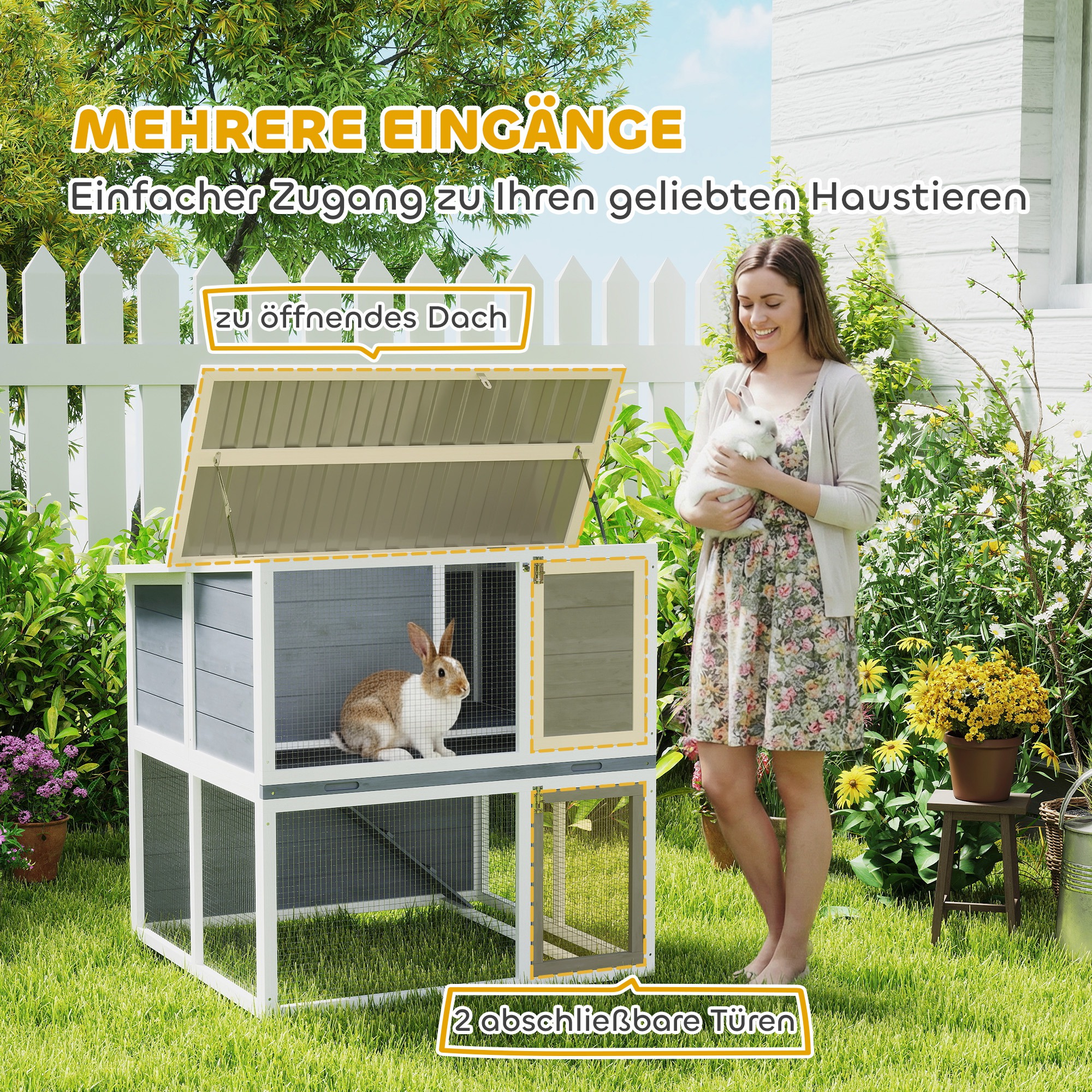 Hasenstall 2 Etagen Kaninchenstall aus Holz mit wetterfest aufklappbar Dach, Freilaufgehege, Rampe, 98x95x102,5 cm Grau