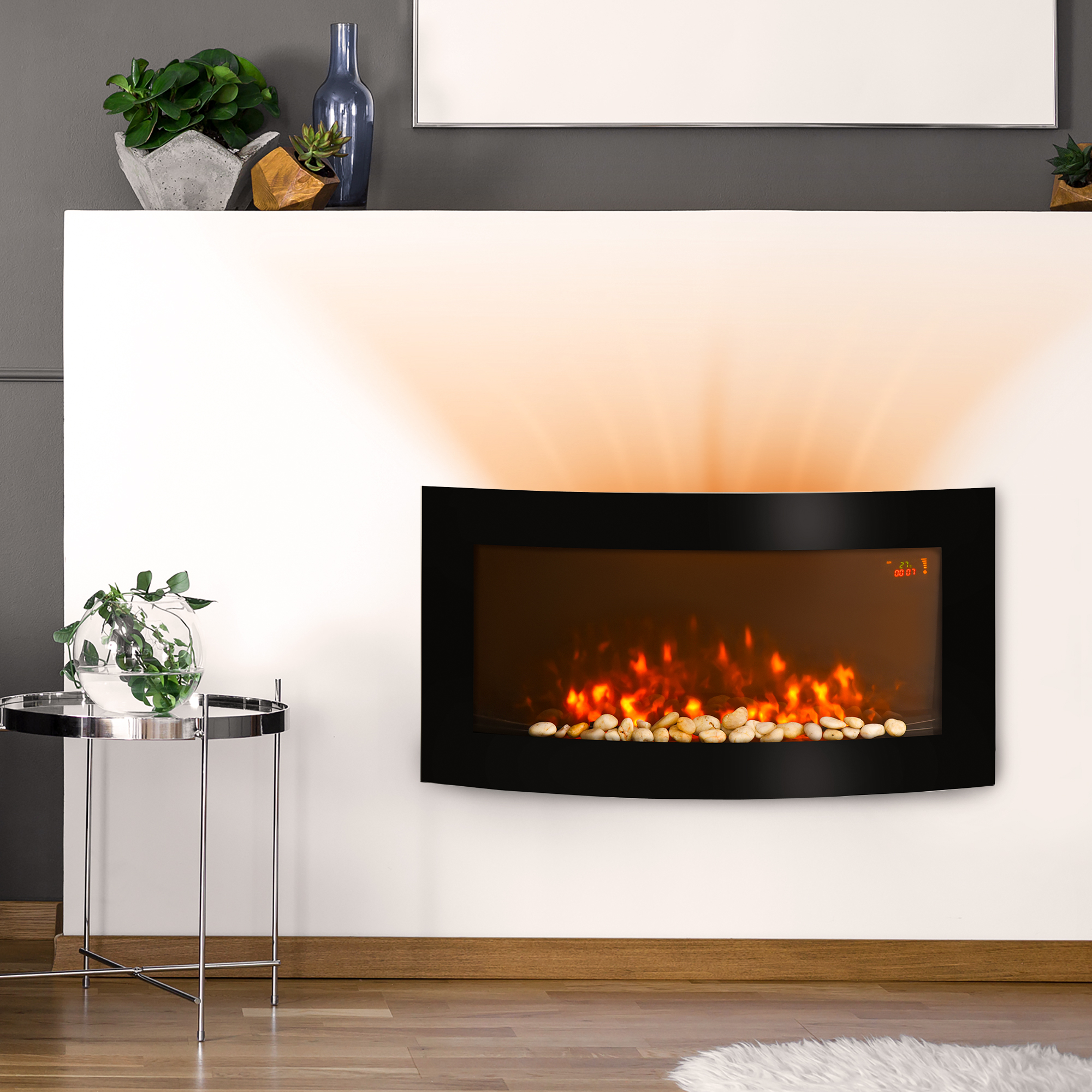 Elektrokamin mit Heizung, Wandkamin mit LED Flammeneffekt, 7 Flammenfarben, 1000/2000 W, elektrischer Kamin mit Timer, Einstellbarer Thermostat, Dekokamin mit Fernbedienung, Schwarz, 89,2 cm