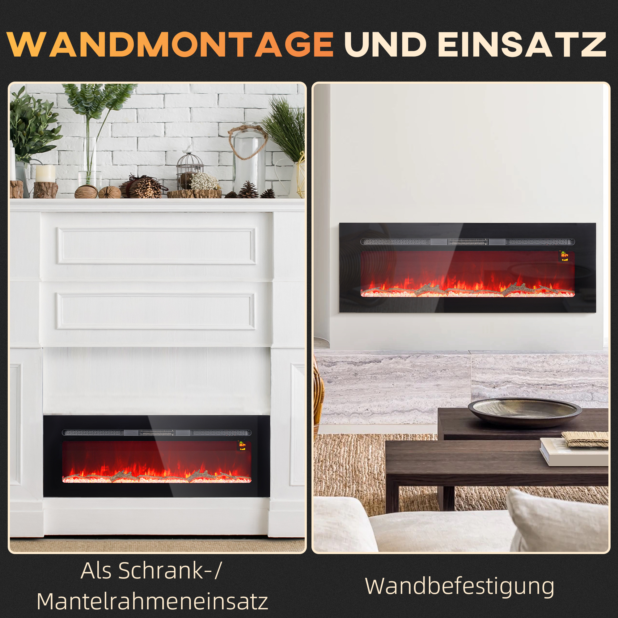 Elektrischer Kamin mit Wandhalterung und Fernbedienung, künstliche Holzscheite und Kristalle, 1800W Leistung, Schwarz