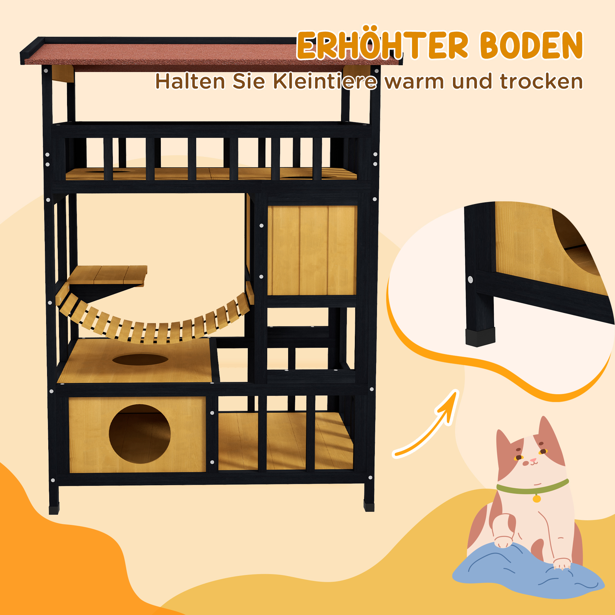 Katzenhaus, Katzenparadies mit Plattformen, Hängebrücke und Katzenhöhlen, für bis zu 2 Katzen geeignet, Holz