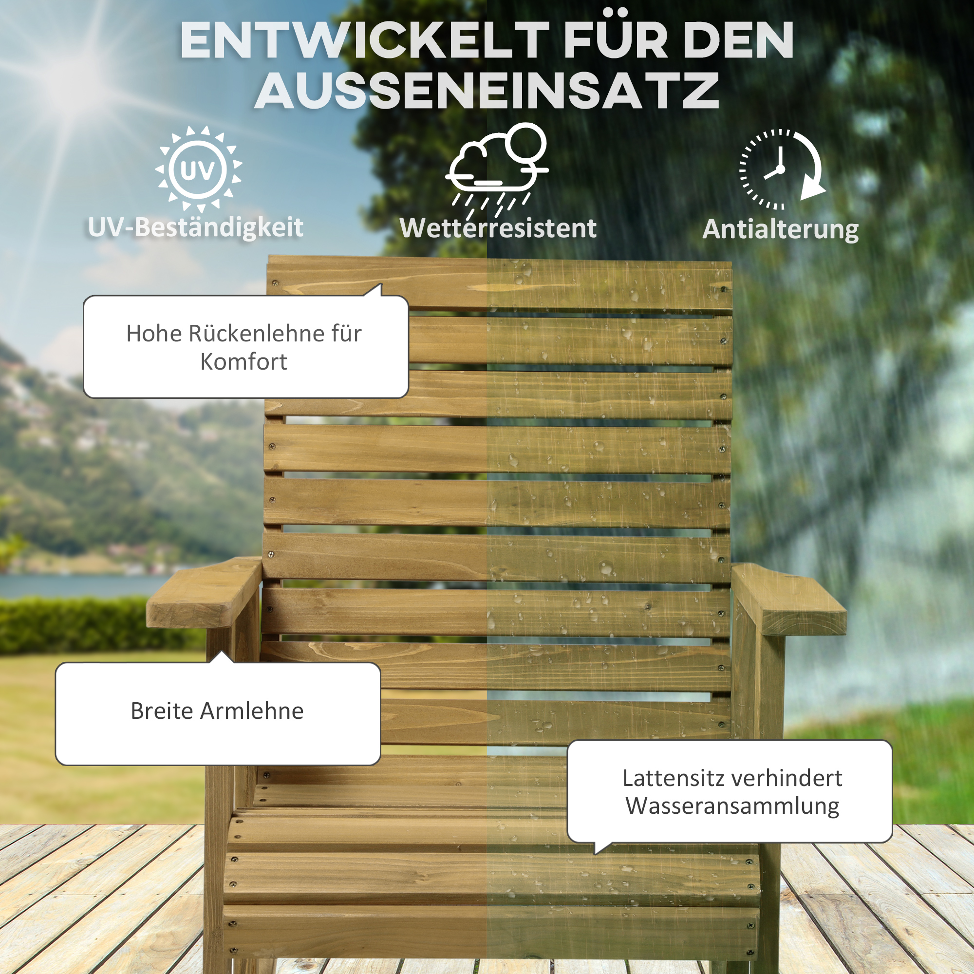 Gartenstuhl, Schaukelfunktion, breiter Sitz und Rücklehne, Naturholz, 64 x 86 x 85 cm