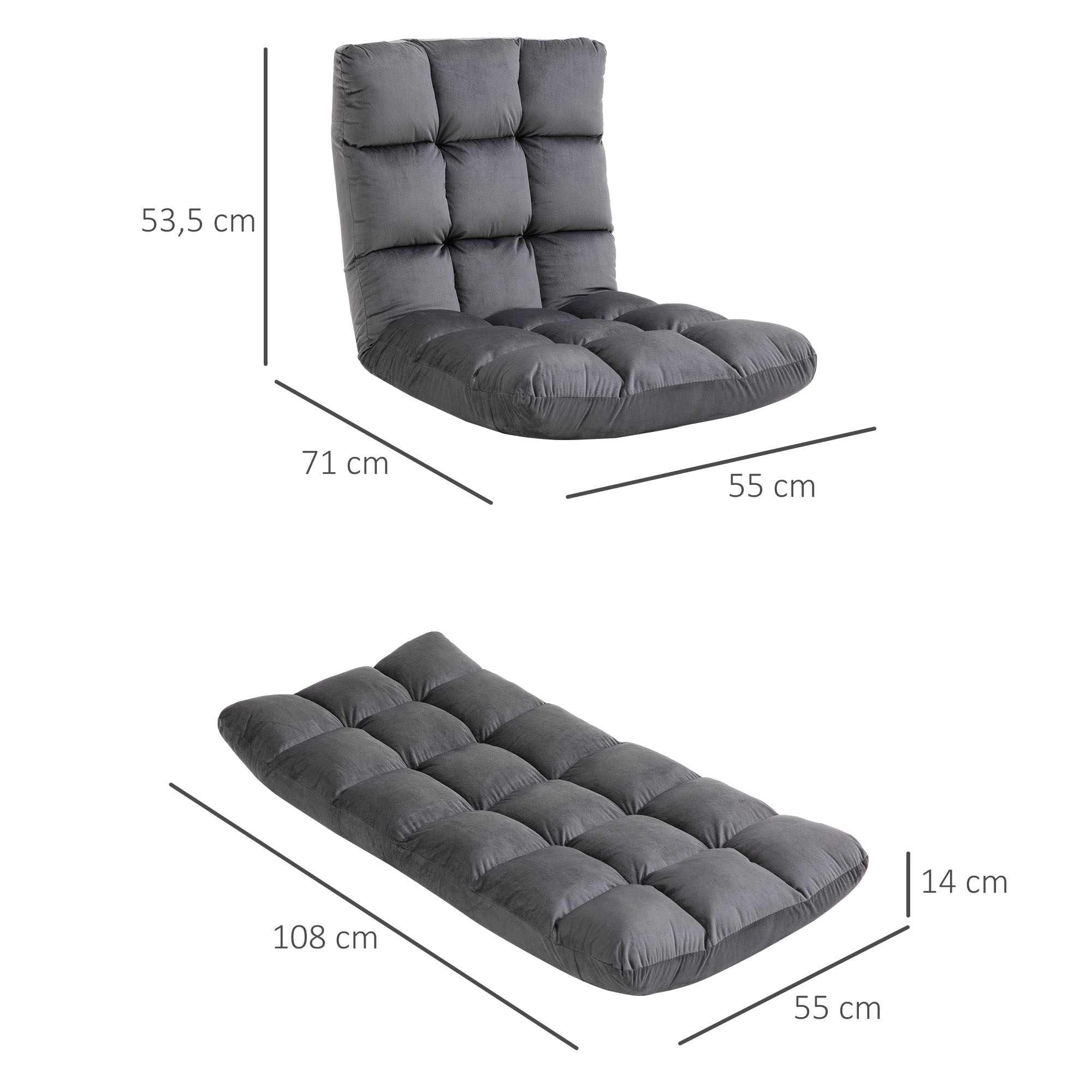 Sessel Gästematratze Bodensessel, verstellbare Rückenlehne, Velouroptik, 55 cm x 71 cm x 53,5 cm, Grau