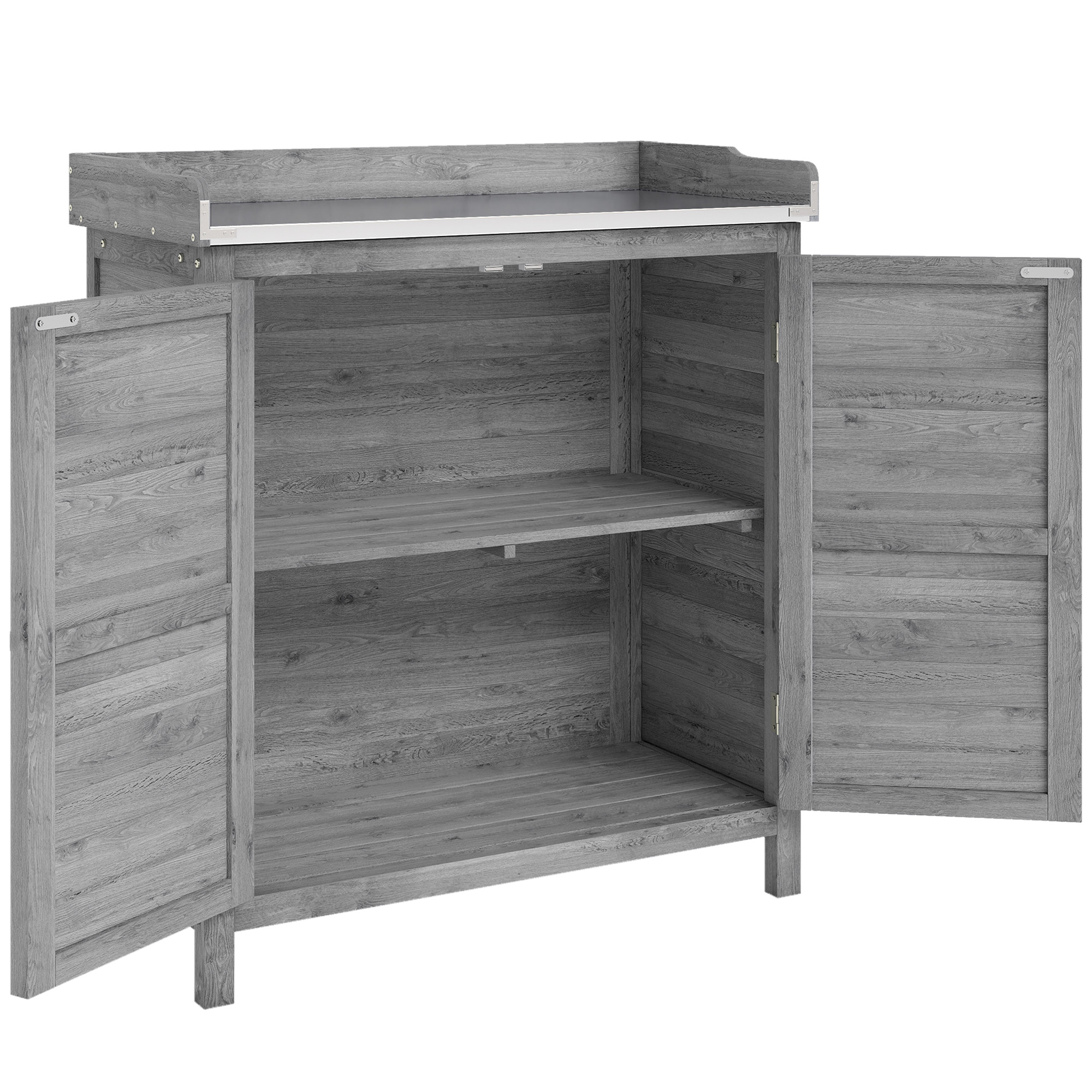 Gartenschrank mit Pflanztisch, Holz Geräteschuppen mit verzinkter Arbeitsplatte 2 Regalböden Grau