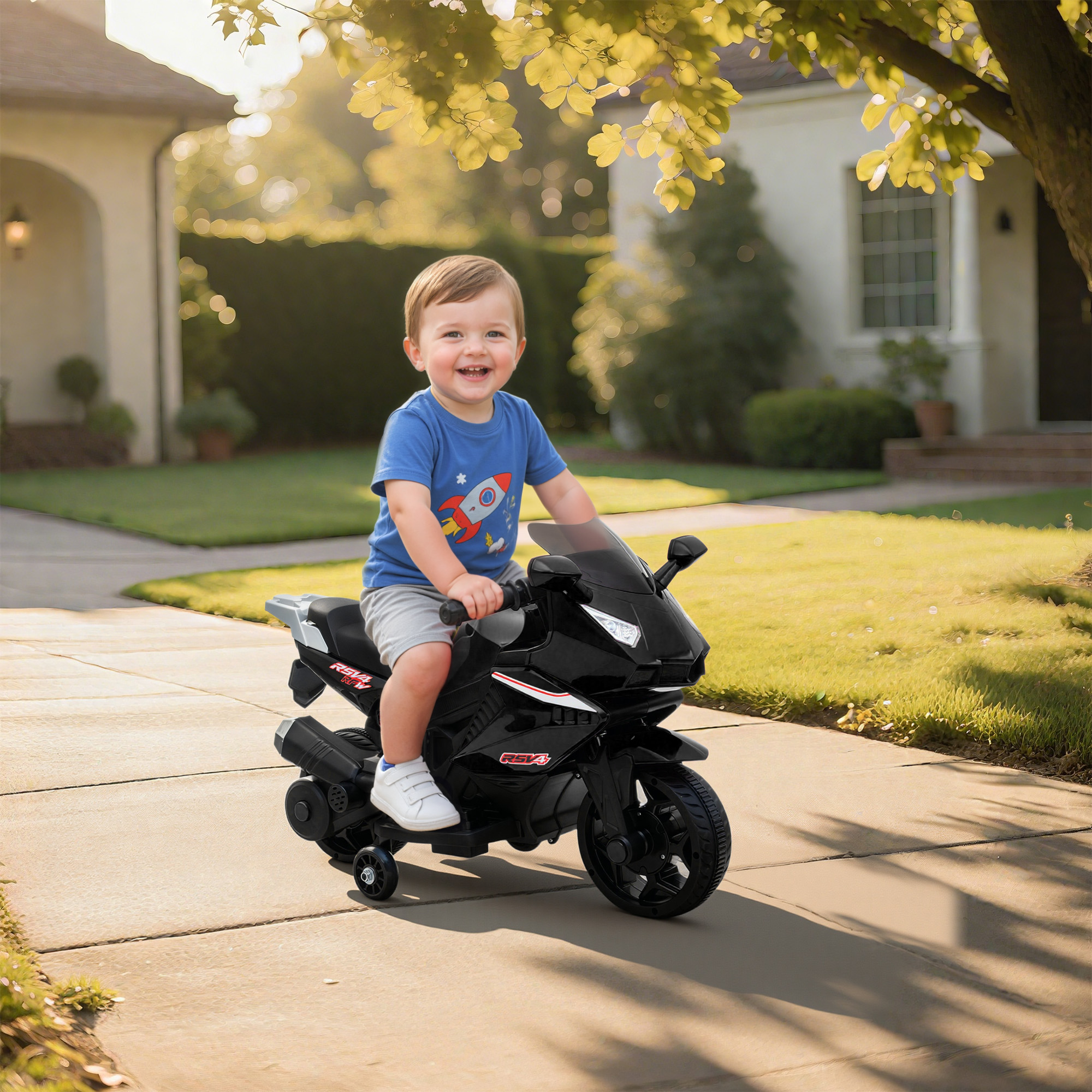 Elektro-Motorrad für Kinder, Hupe, Scheinwerfer, Musikfunktion, 2,5 km/h, Schwarz