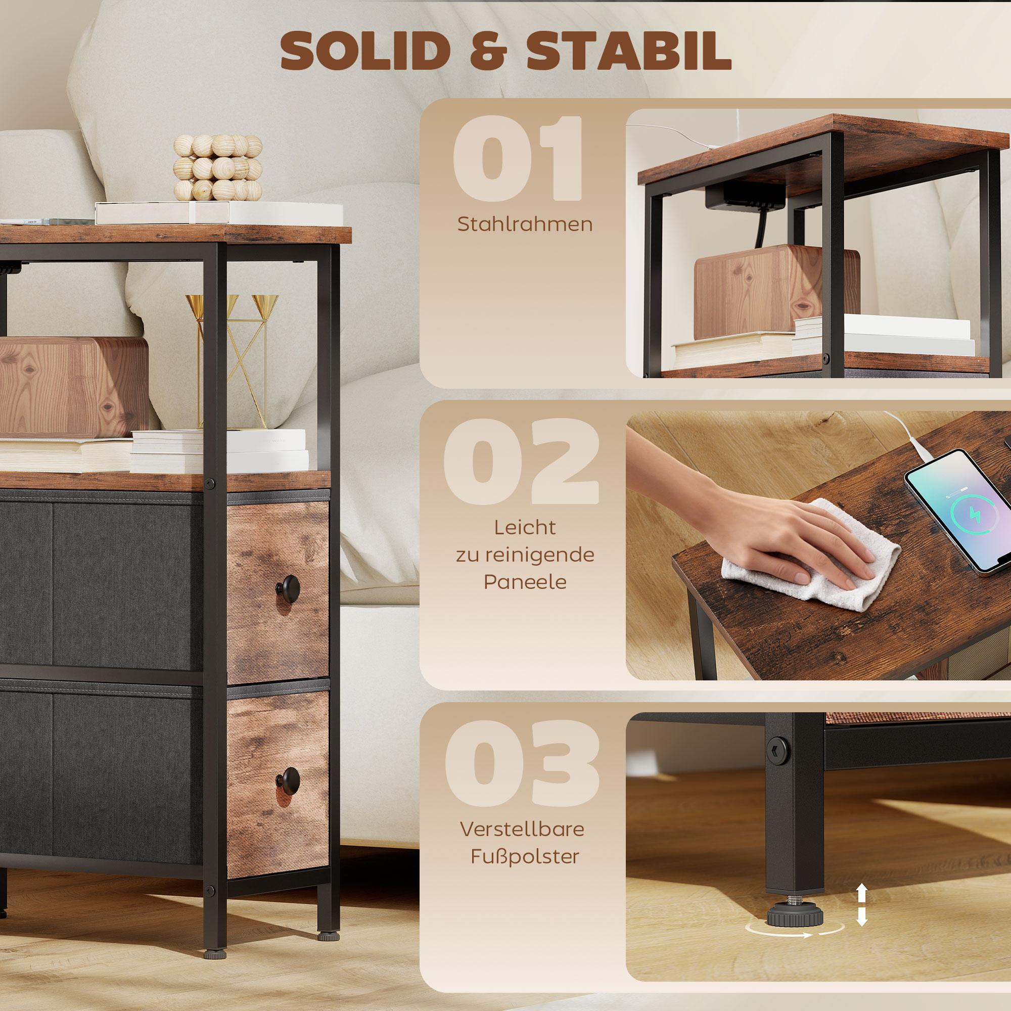 Couchtisch Beistelltisch mit Ladestation, Stahlrahmen, 2 Stoffschublade, offen Fach, 20cm x 40cm x 63cm, Rustikal-Braun