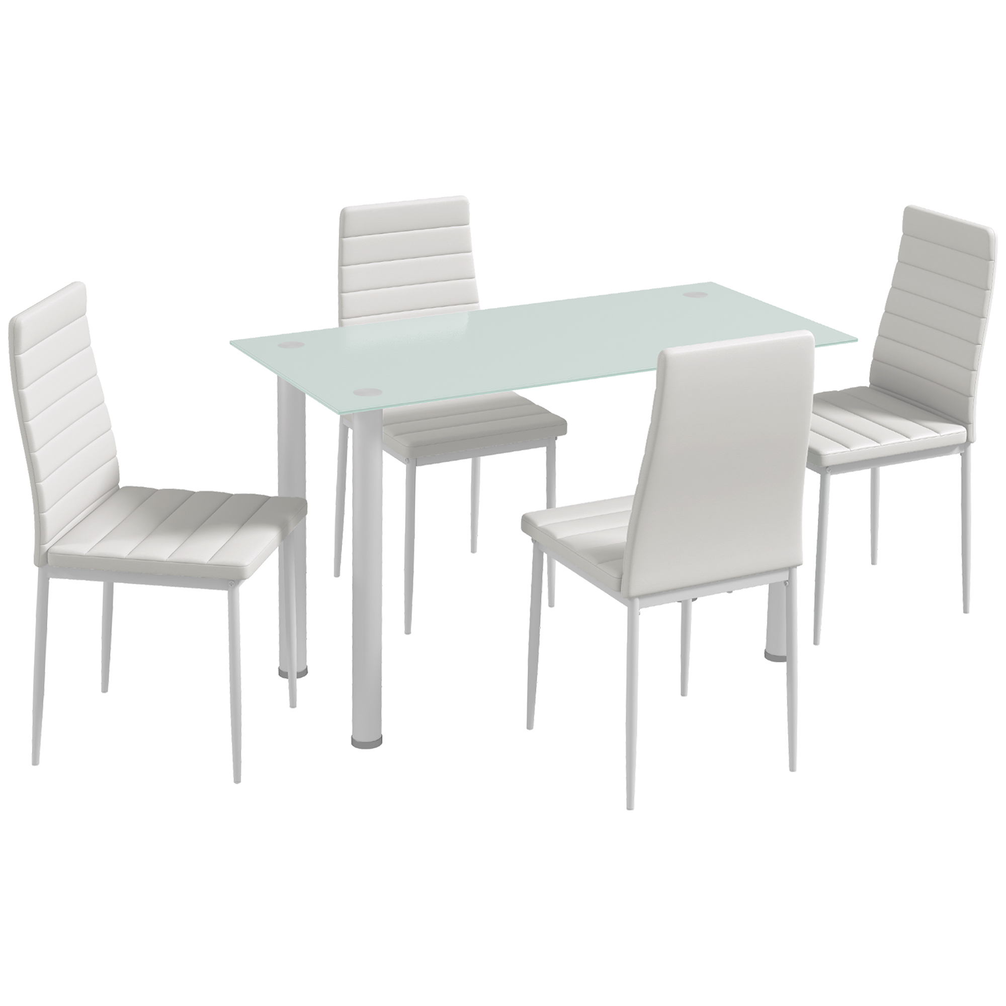 5-tlg, Essgruppe Sitzgruppe Esstisch mit 4 Stühlen, modernes Design, Glastisch, Weiß 5-tlg, Essgruppe Sitzgruppe Esstisch mit 4 Stühlen, modernes Design, Glastisch, Weiß