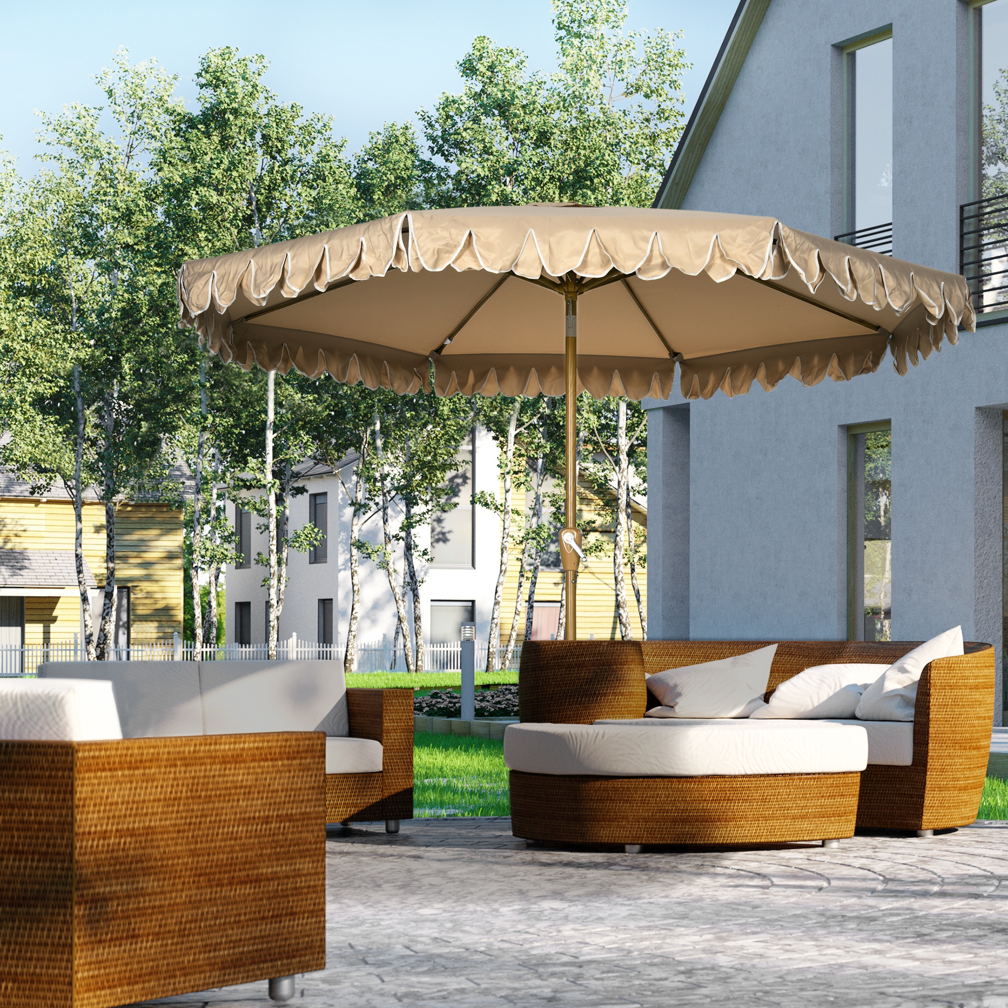 Sonnenschirm, mit Fransen, neigbar, mit Handkurbel, Stahl+Polyester, khaki, Ø264 x 240 cm