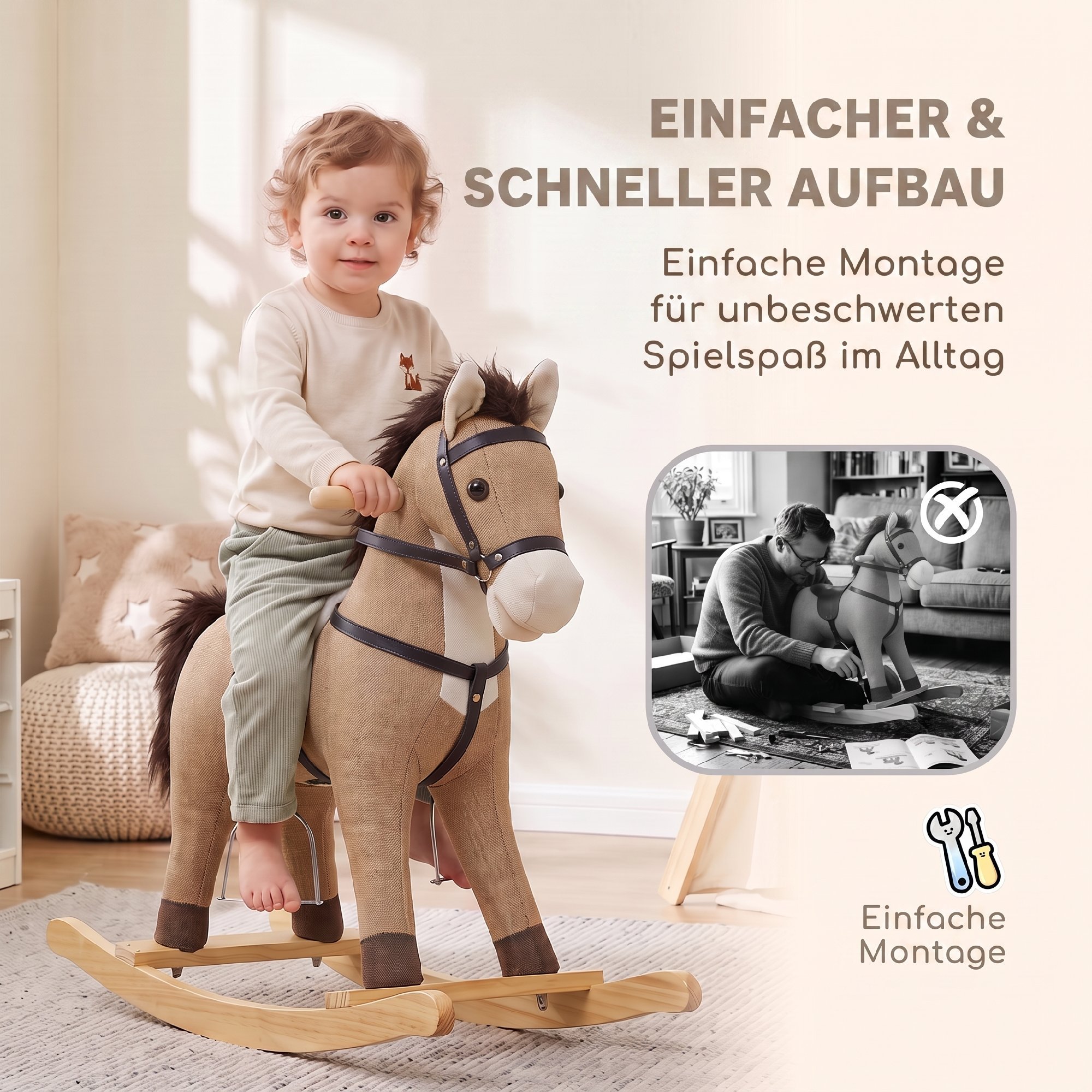 Schaukelpferd mit Sound und Sicherheitsgriffen, Reitpferd mit Holzgestell für Kleinkinder von 12–36 Monaten, Dunkelbraun