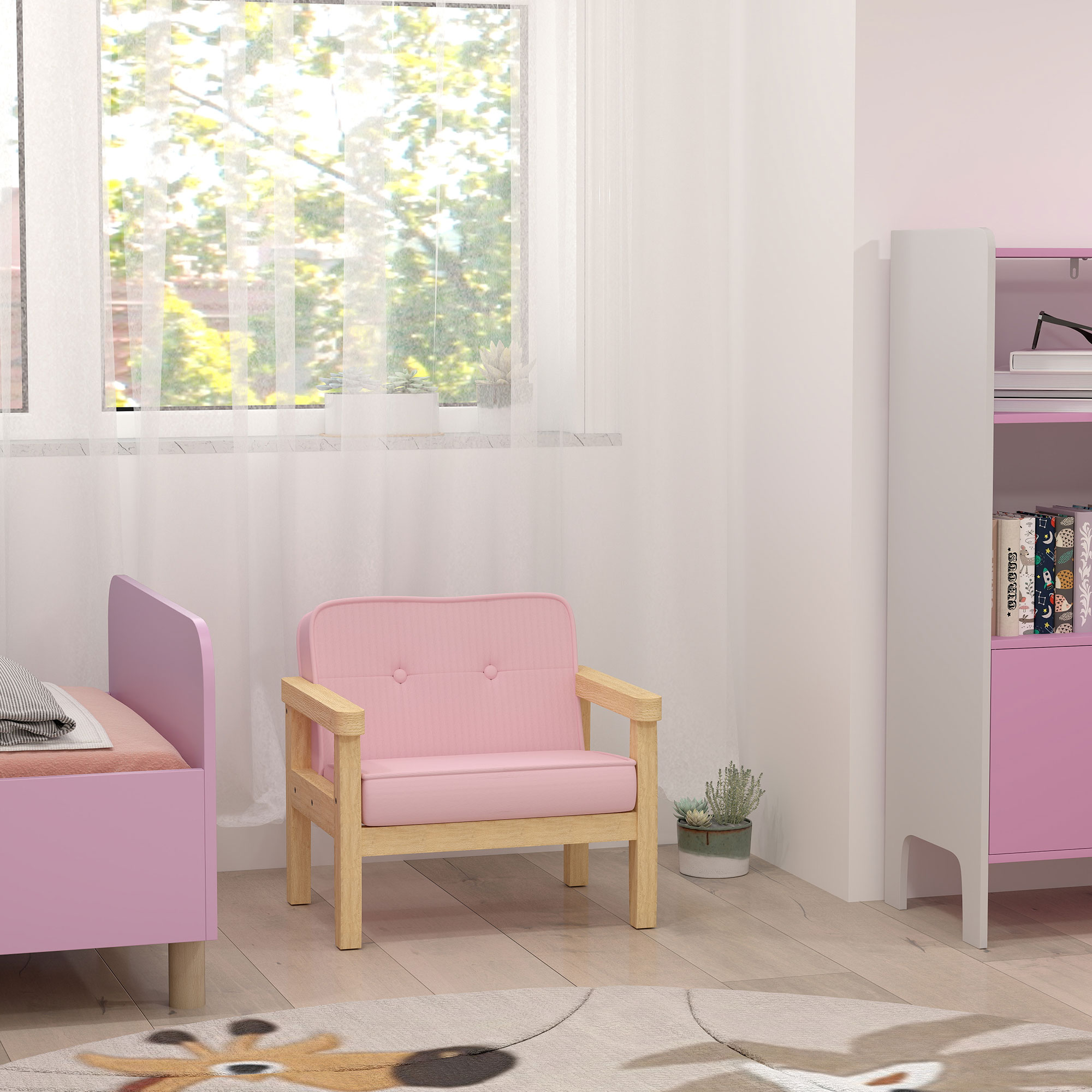 Kindersessel Kindersofa mit Kord-Optik, massiven Holzfüßen Sessel aus Schaumstoff Kinderstuhl für Kinderzimmer, Spielzimmer, 46,5 x 44 x 45 cm, für Kinder 3-8 Jahre Rosa