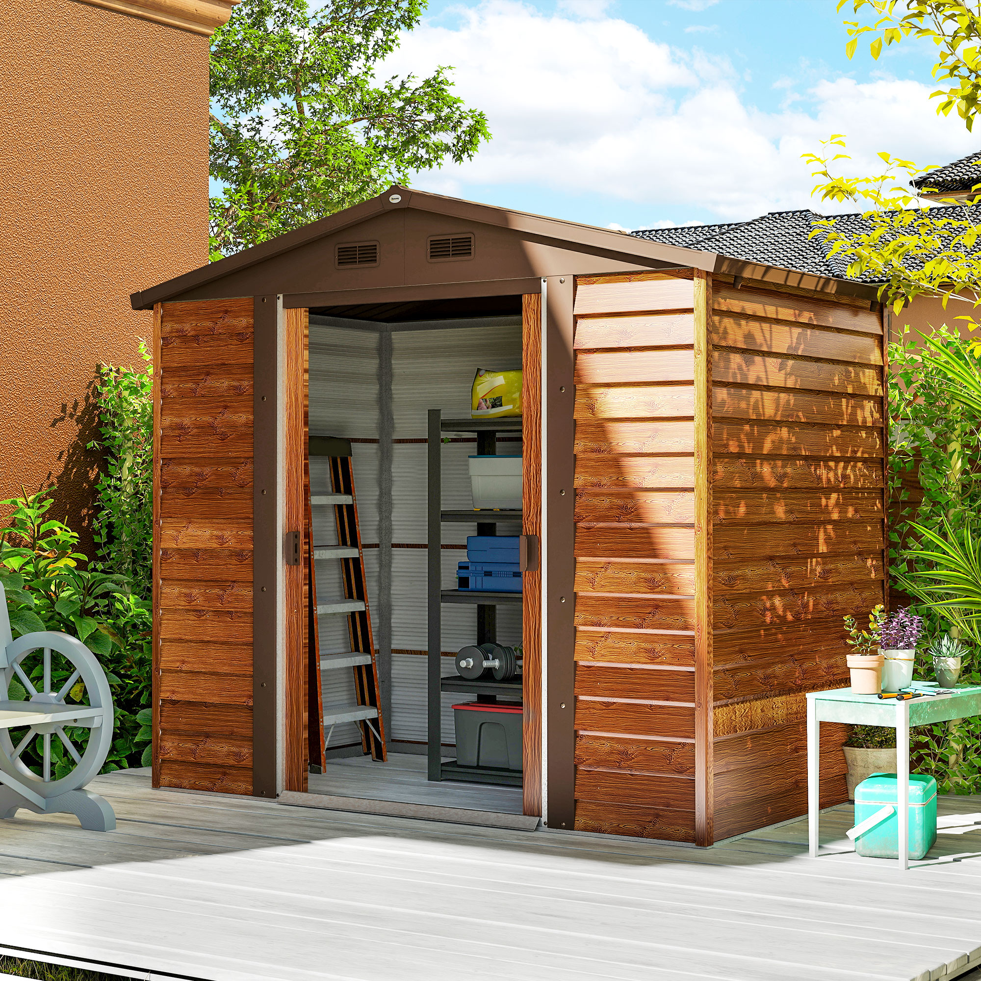 Gartenschuppen, Geräteschuppen, Gartenhaus mit Fenster, wetterfest, Holzoptik, Stahl, 152 x 235,7 x 208,7 cm, Braun