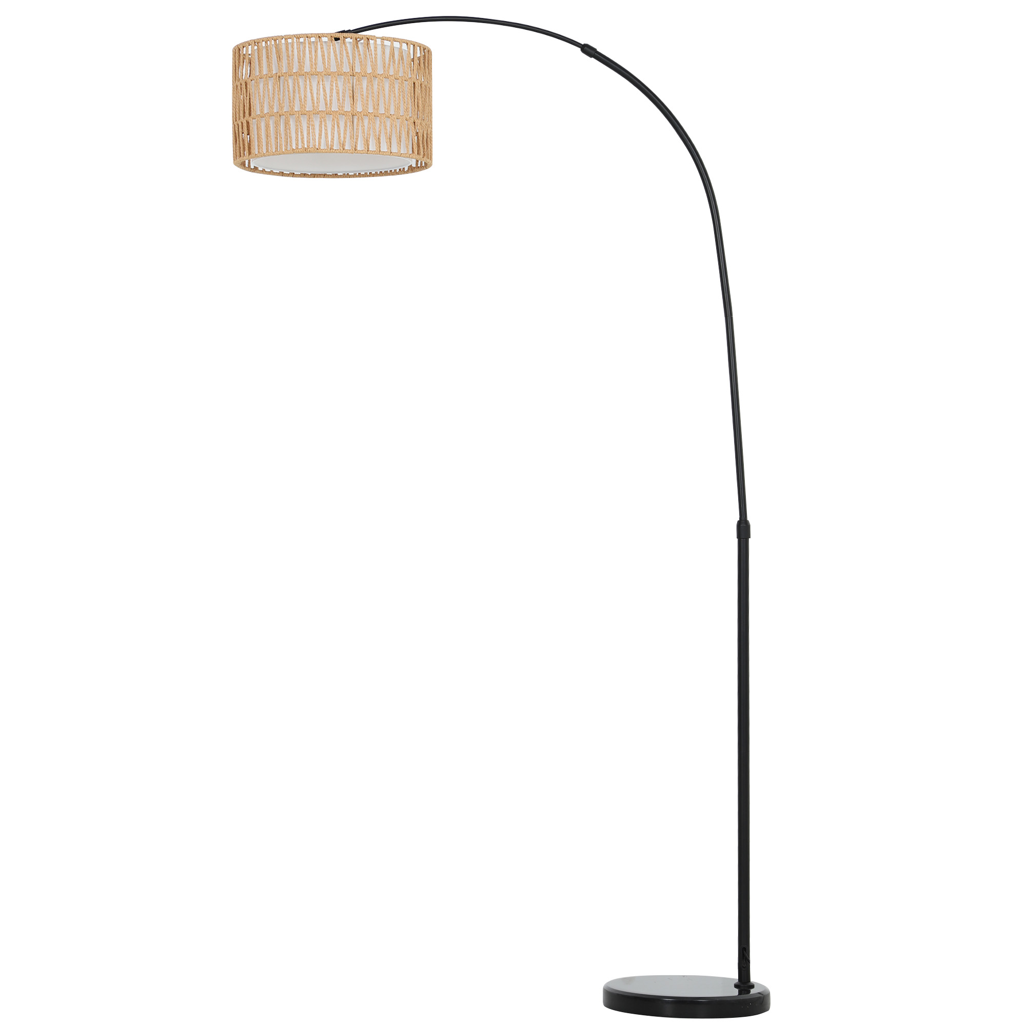 Stehlampe mit Hanfseil-Schirm, höhenverstellbar, Fußschalter, Metall, Schwarz Stehlampe mit Hanfseil-Schirm, höhenverstellbar, Fußschalter, Metall, Schwarz
