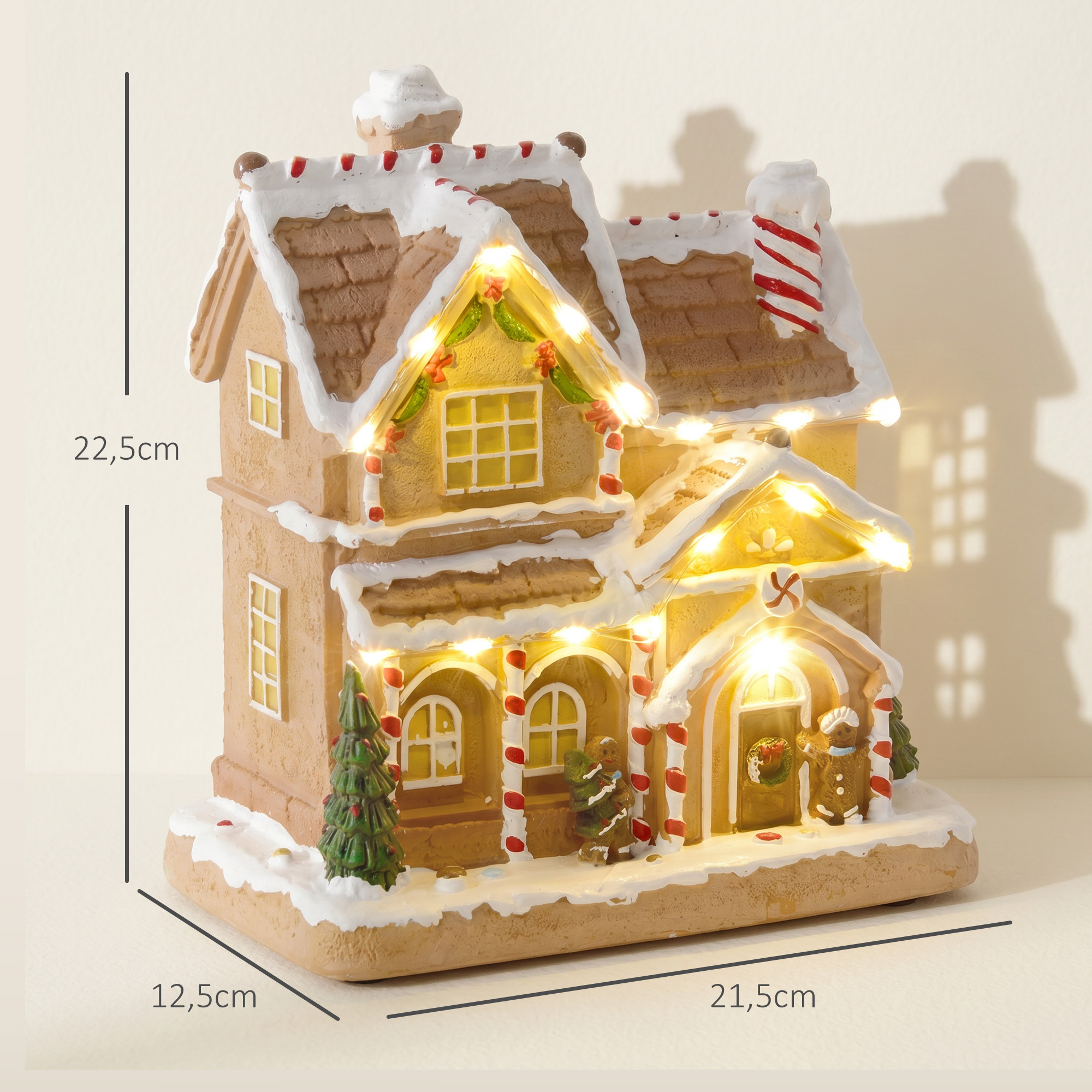 Lebkuchenhaus mit LED-Lichtern und Musik, Weihnachtshaus Winterlandschaft mit Lebkuchenmann, für Weihnachten, Braun