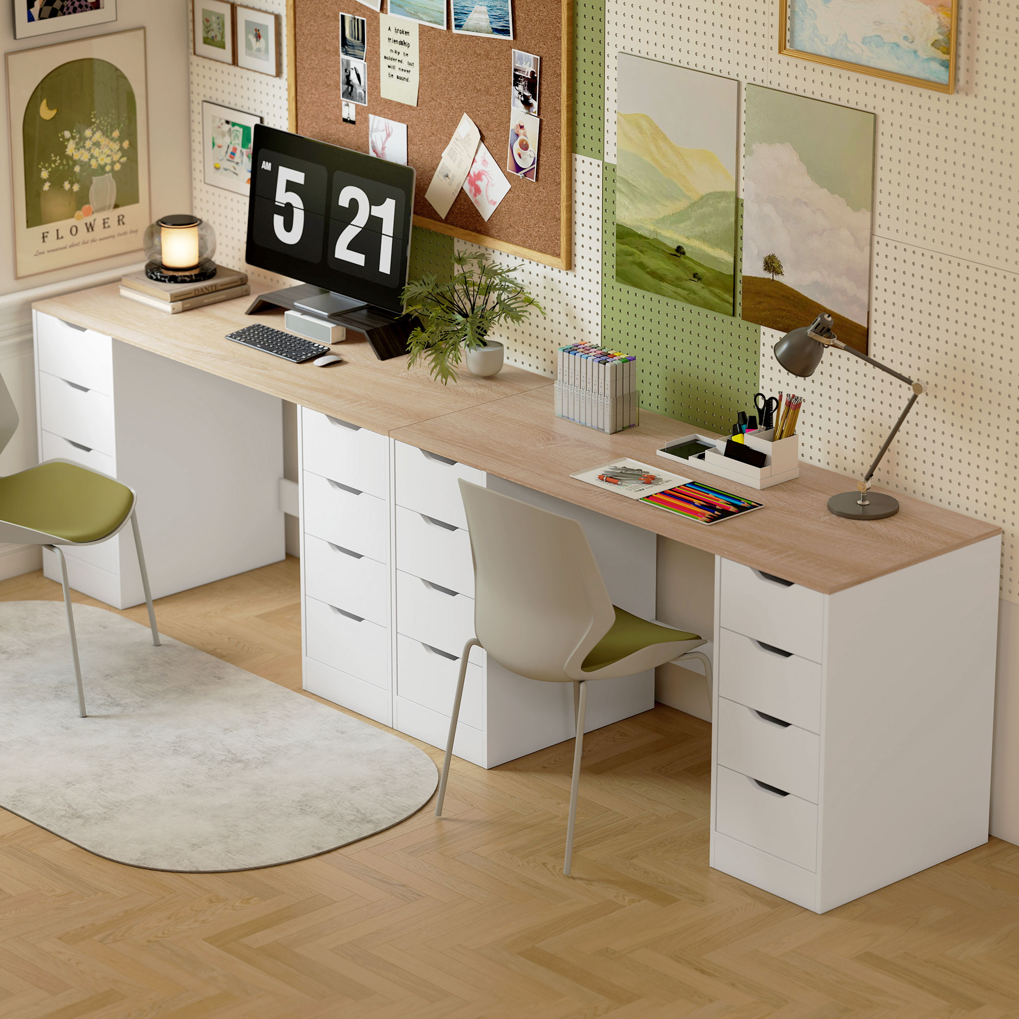 140 cm Computertisch, 8 Schubladen, Schreibtisch für Homeoffice, Schlafzimmer, Stahl, Holz, Weiß