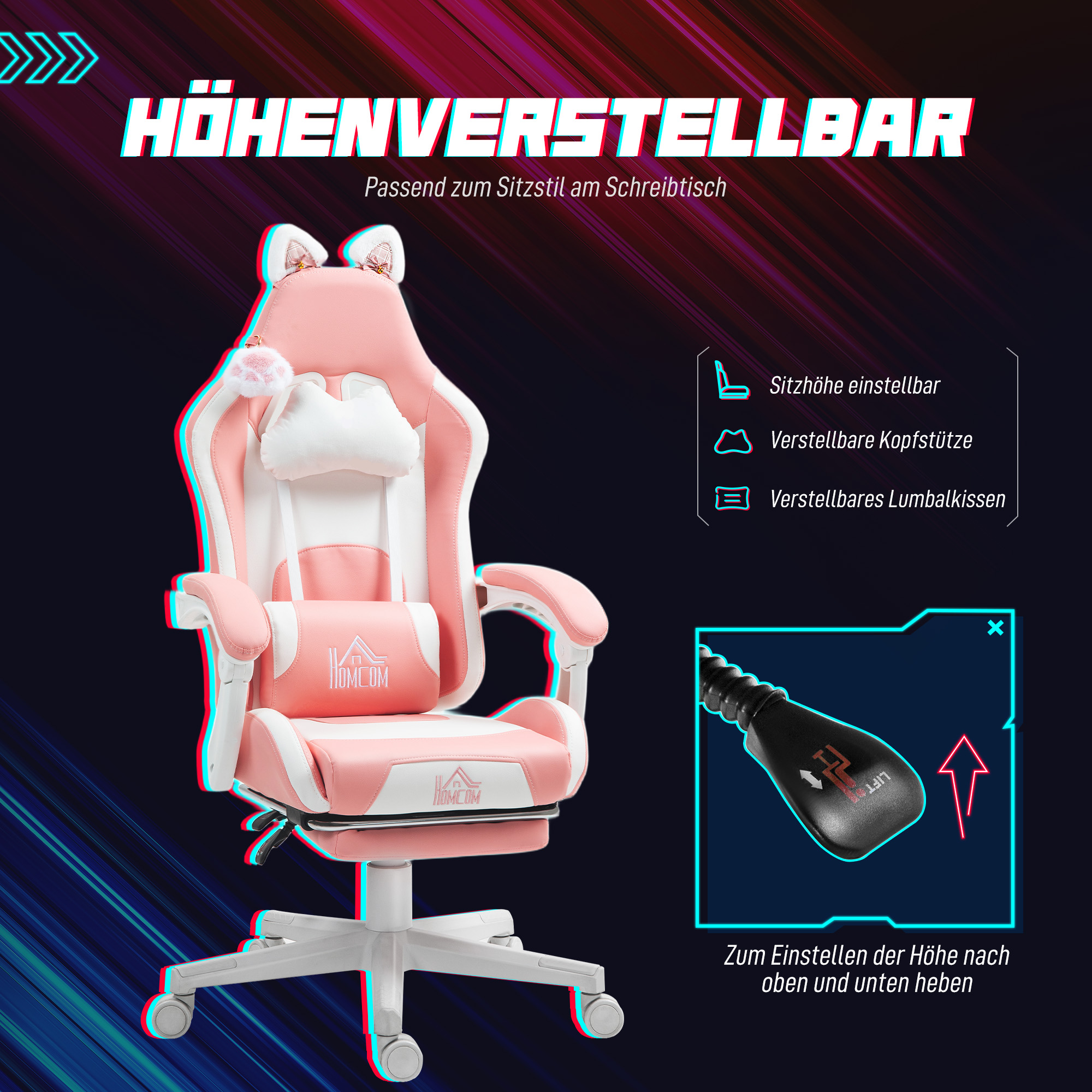 Gaming-Sessel mit Katzenohren, neigbare Lehne, ausziehbare Fußstütze, bis 120 kg, Rosa/Weiß