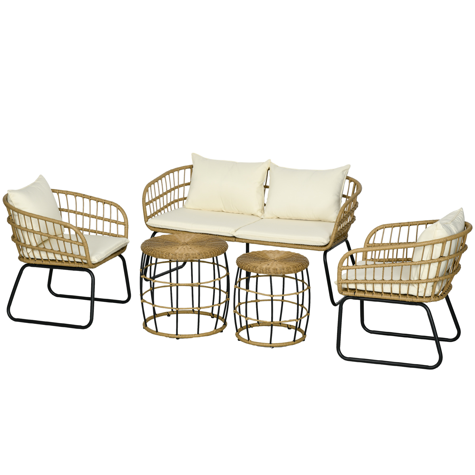 Rattansitzgruppe Lounge-Set Outdoor-Sitzgruppe, Boho-Stil, 5-teilges Set, 145 x 70 x 78 cm, Creme + Natur + Schwarz Rattansitzgruppe Lounge-Set Outdoor-Sitzgruppe, Boho-Stil, 5-teilges Set, 145 x 70 x 78 cm, Creme + Natur + Schwarz