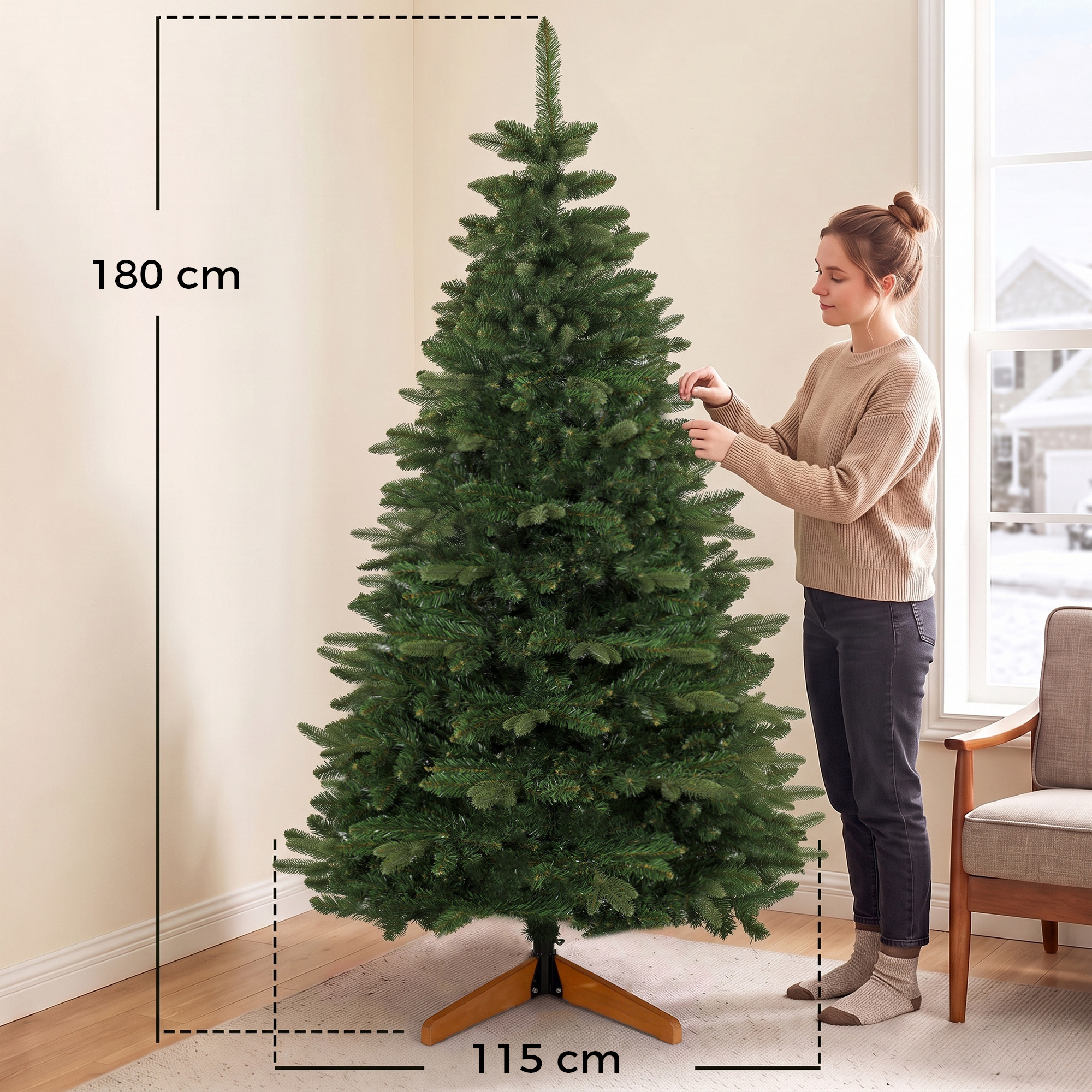 künstlicher Weihnachtsbaum 180 cm, Edeltanne, voll mit Klappästen, 961 Spitzen, faltbarer Holzständer, Grün