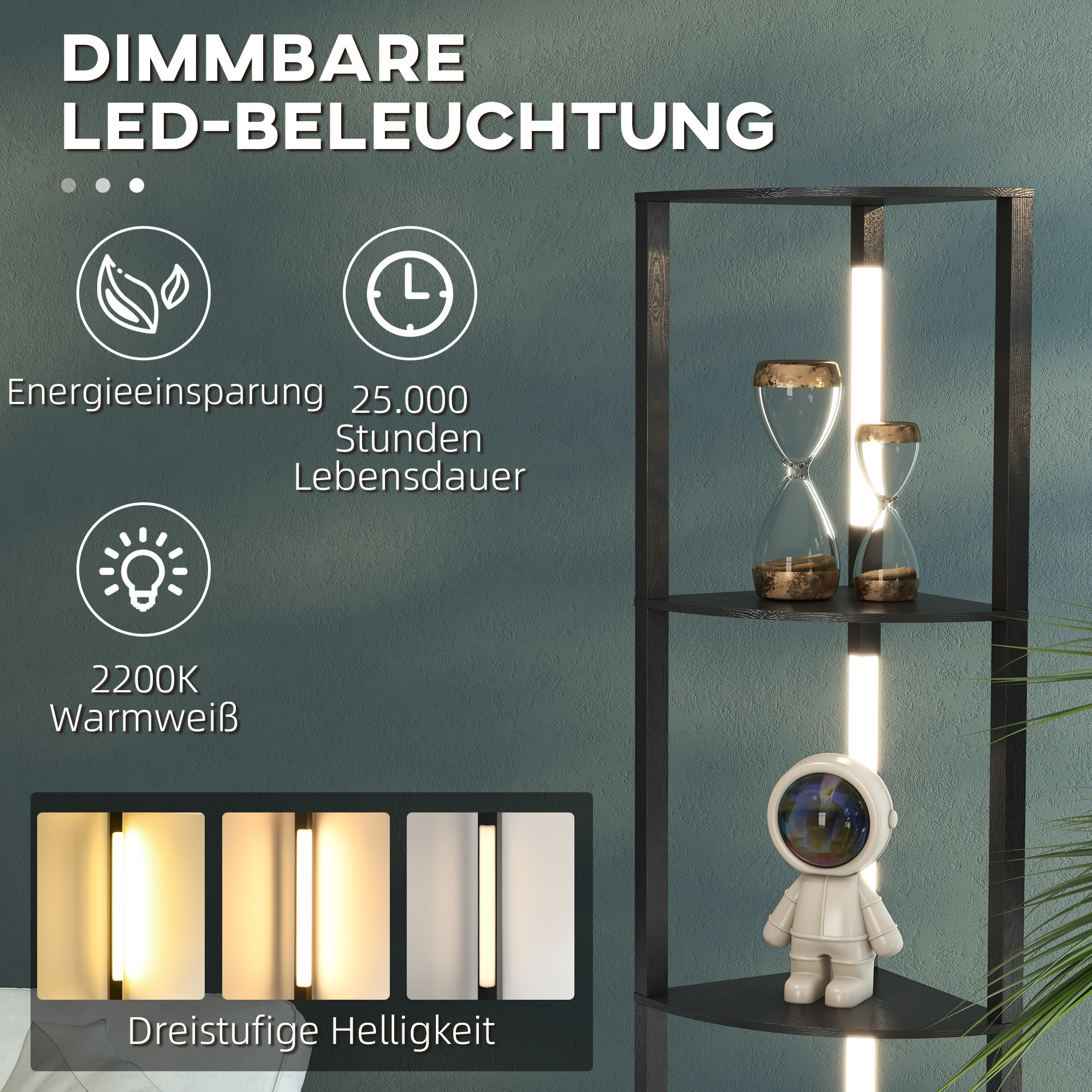 LED Standleuchte, Eckregal, dimmbar, 4 Ablagen, warmweißes Licht, 41x30x164cm, Schwarz