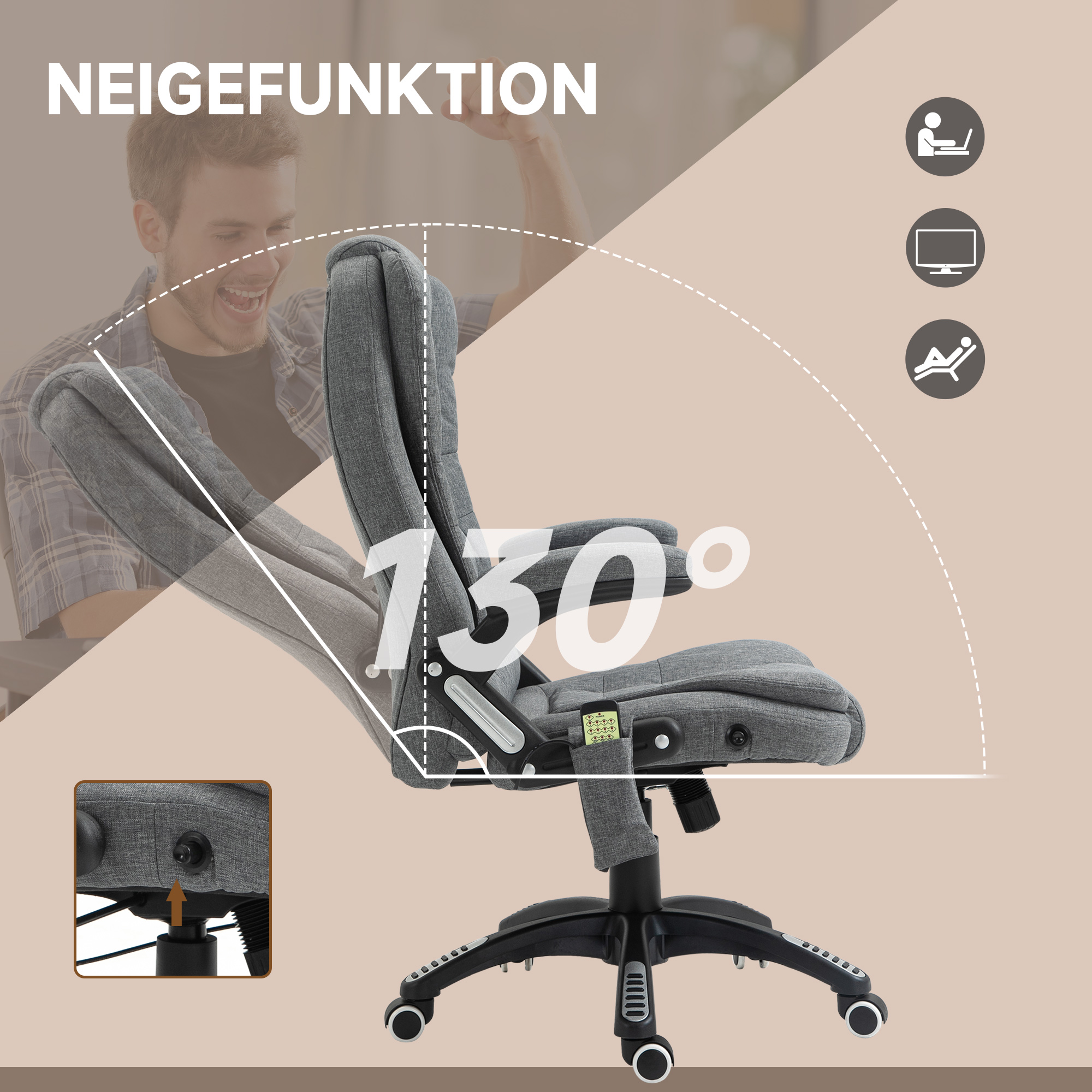 Bürostuhl  Massagesessel mit Wärmefunktion, Ergonomischer Chefsessel, Höhenverstellbarer Drehstuhl, Gamingstuhl mit Massage, Dunkelgrau, 68 x 72 x 110-120 cm