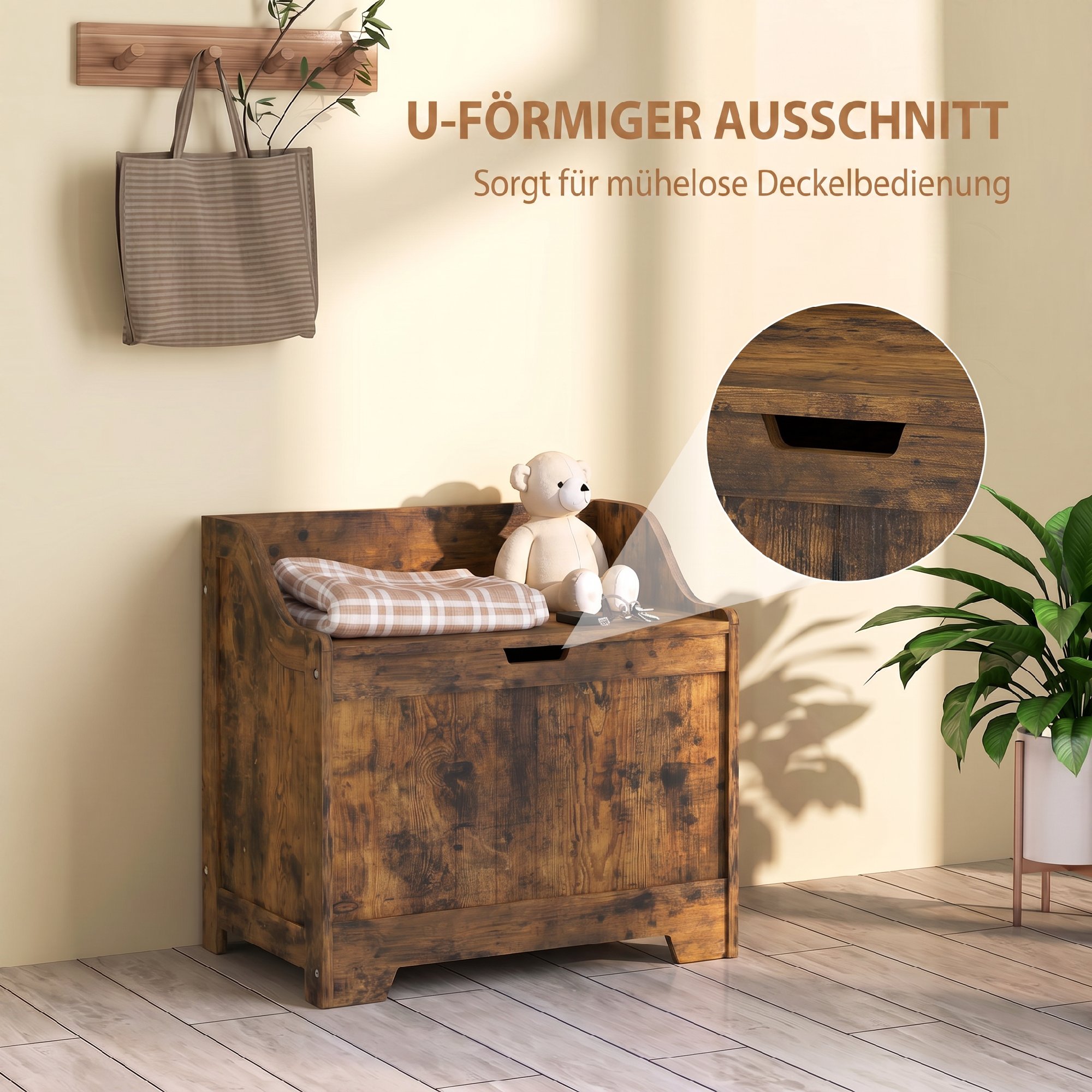 Aufbewahrungstruhe mit Sicherheits-Scharnier, Holztruhe mit Griffmulde für Wohnzimmer & Flur, Rustikal-Braun