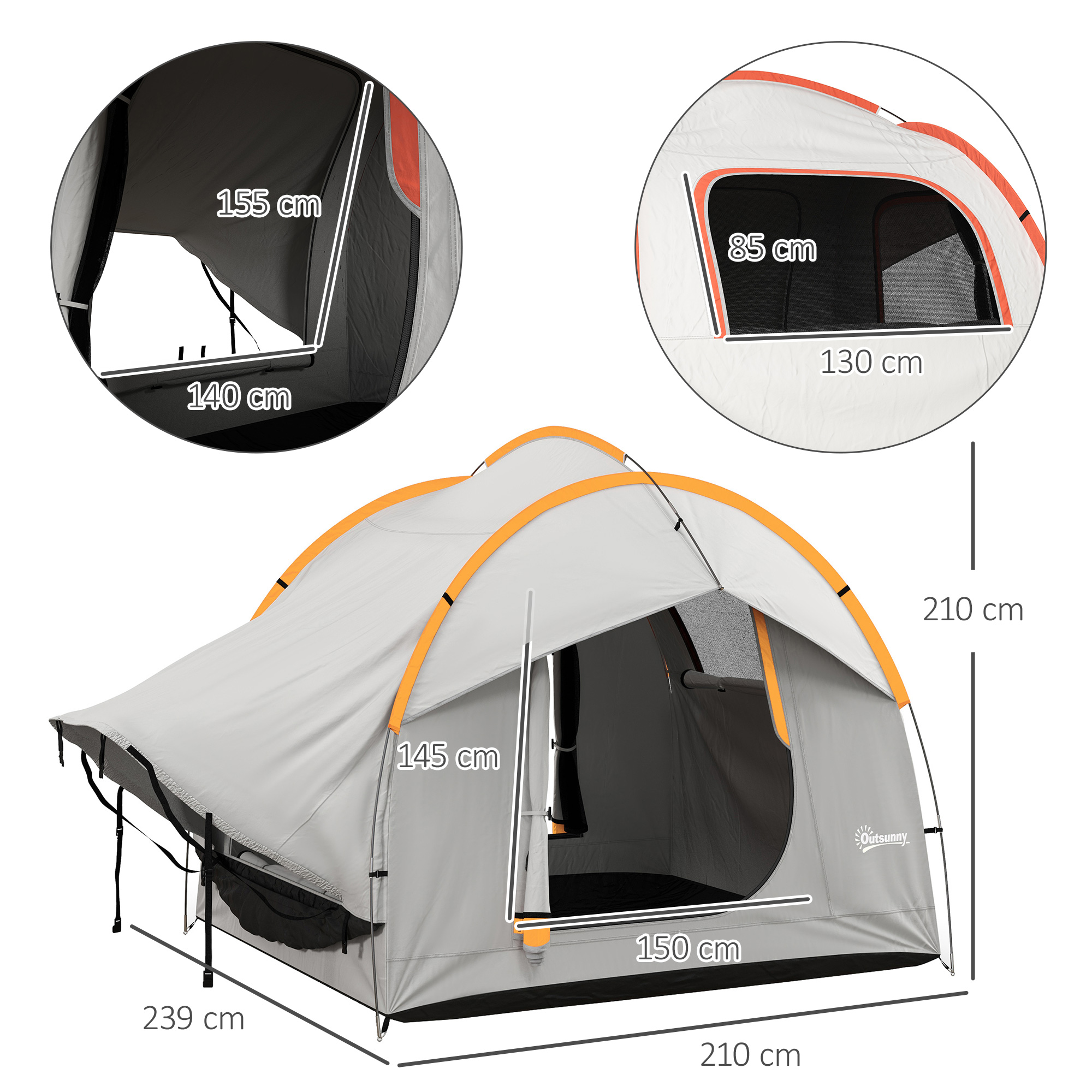 Autozelt Campingzelt, 3 Türen, wetterbeständig, 239cm x 210cm x 210cm, Orange + Grau
