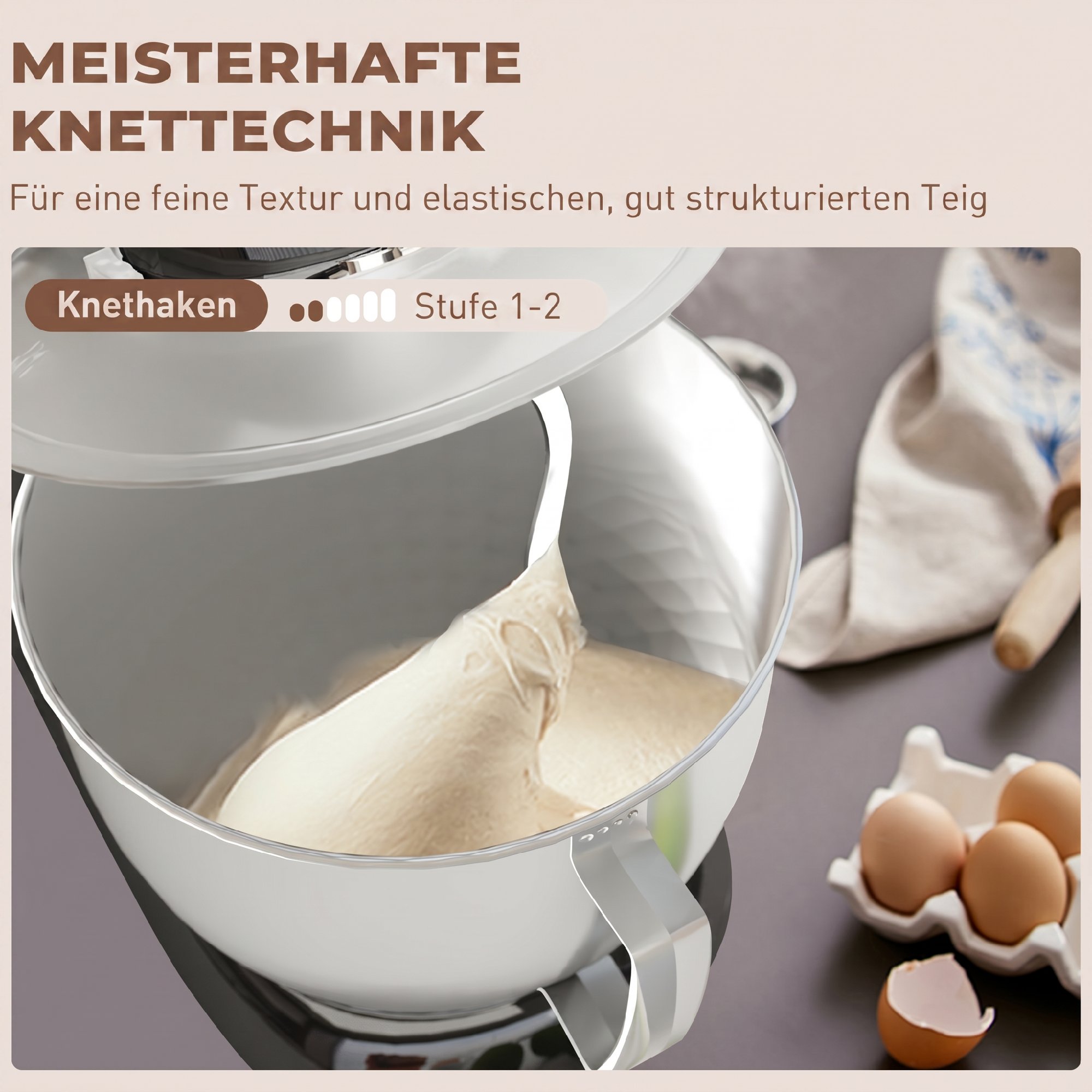 Küchenmaschine Knetmaschine mit 4,5L Edelstahlschüssel 1300W Teigmaschine mit 6+P Geschwindigkeit Beige