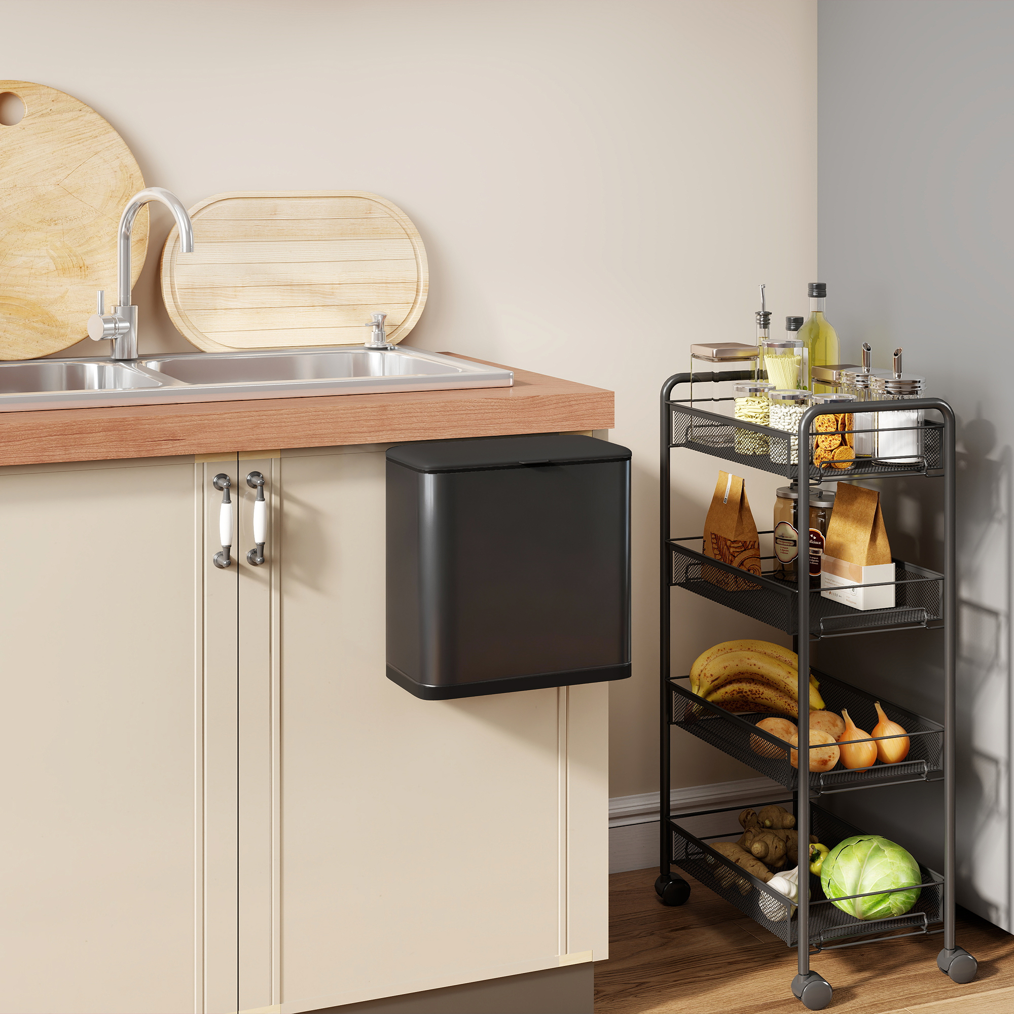 8 L Mülleimer, freistehend oder hängend platzierbar, Edelstahl, Schwarz