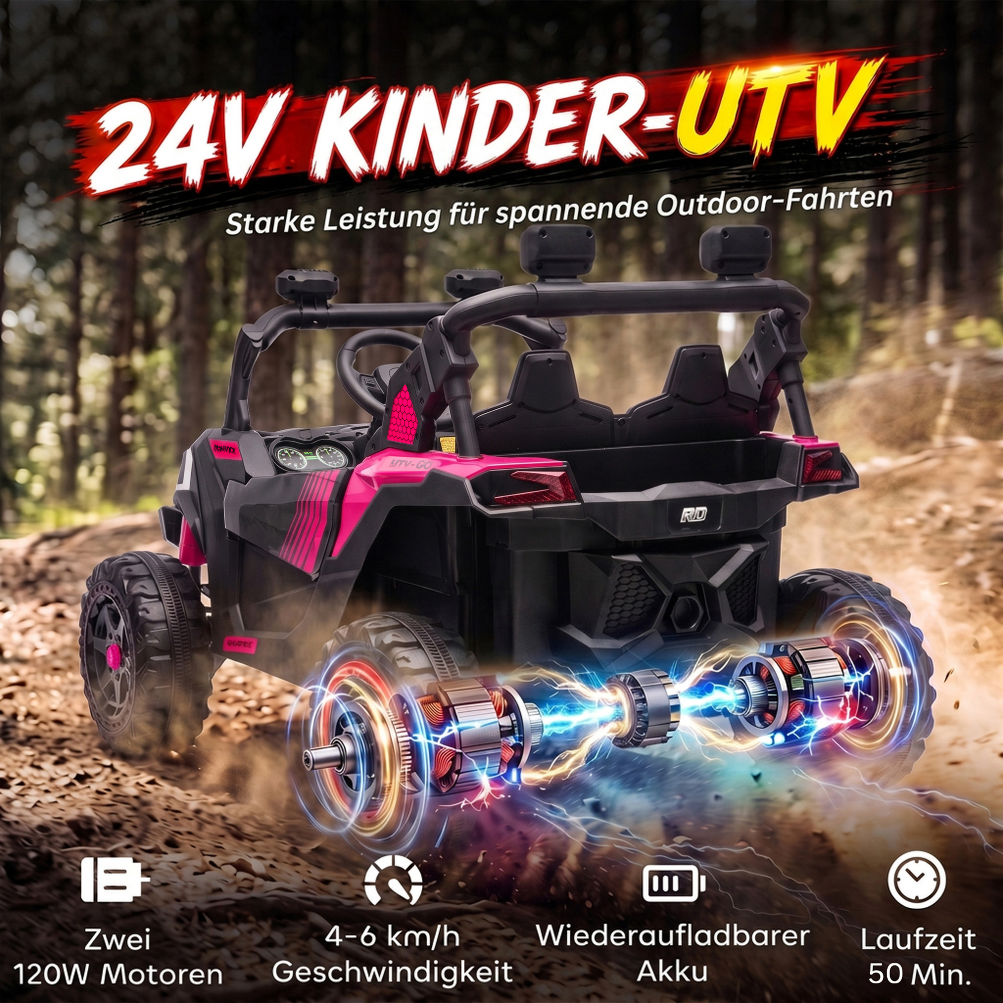 Kinder Elektroauto 24V 2 Sitzer Kinderauto UTV mit Lithium-Akku 2,4 GHz Fernbedienung 2 x 120W Motoren Softstart