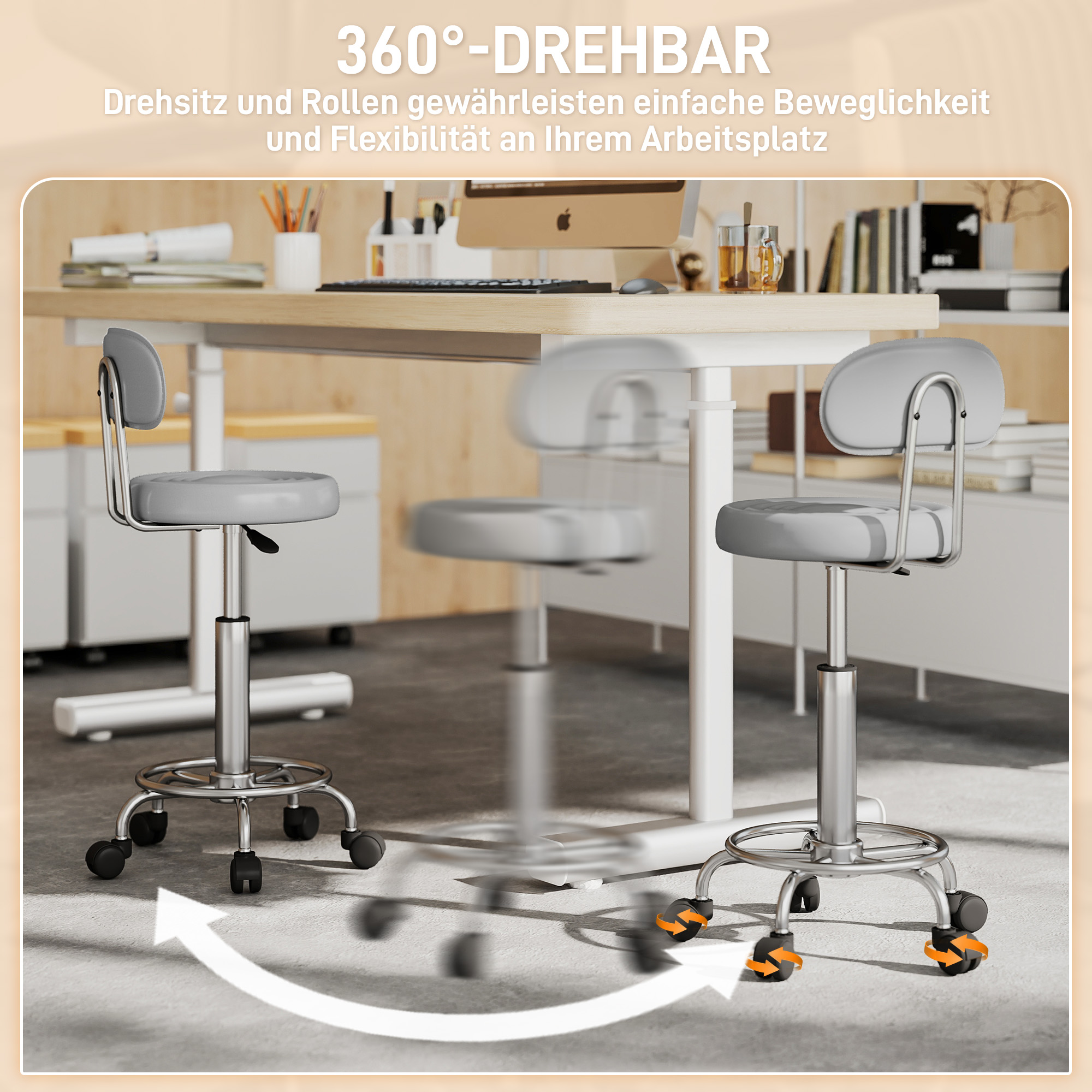 Rollhocker, Drehbarer und verstellbarer Hocker mit Rückenlehne, Kunstlederbezug, Fußstütze, für Frisiertische, Grau