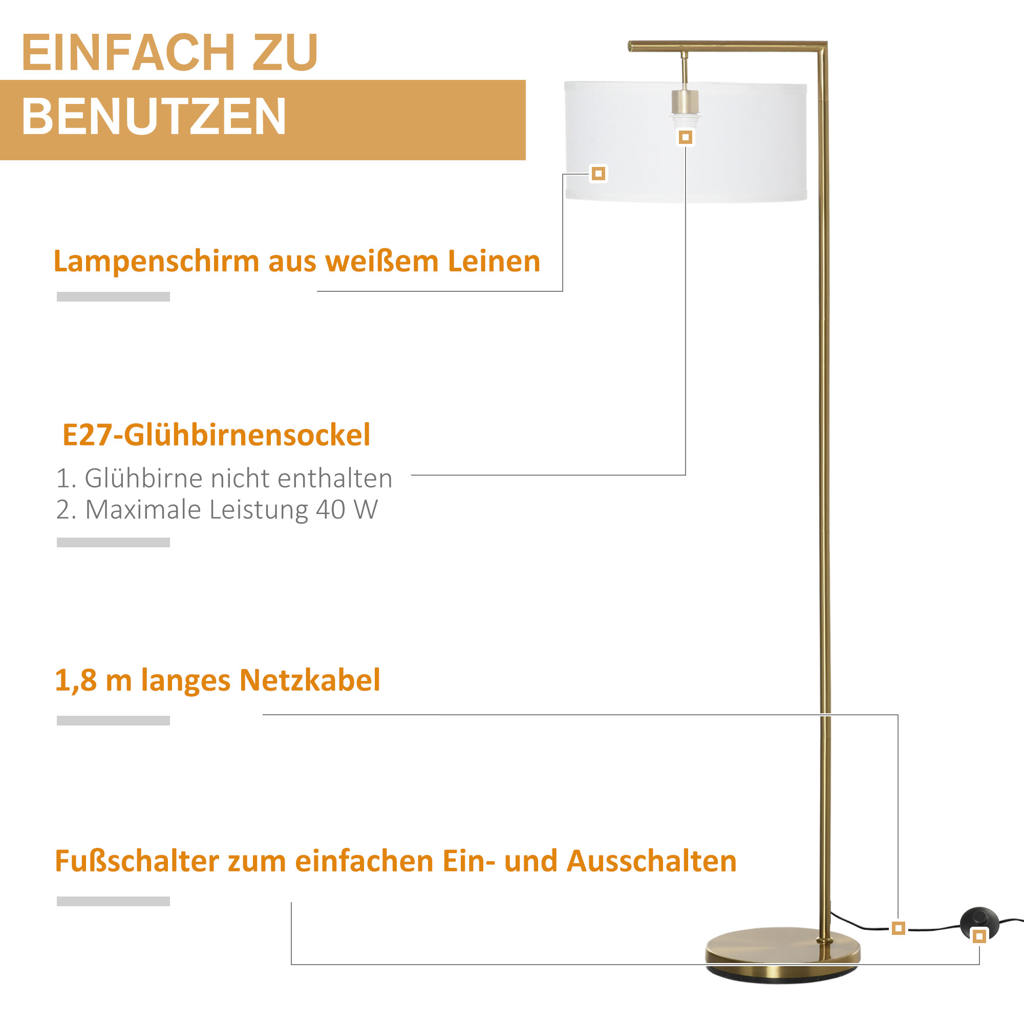 Stehleuchte, Stehlampe, E27 Sockel, Goldoptik, weißer Stoffschirm, Fußschalter, Stahl, 47 x 37 x 153 cm