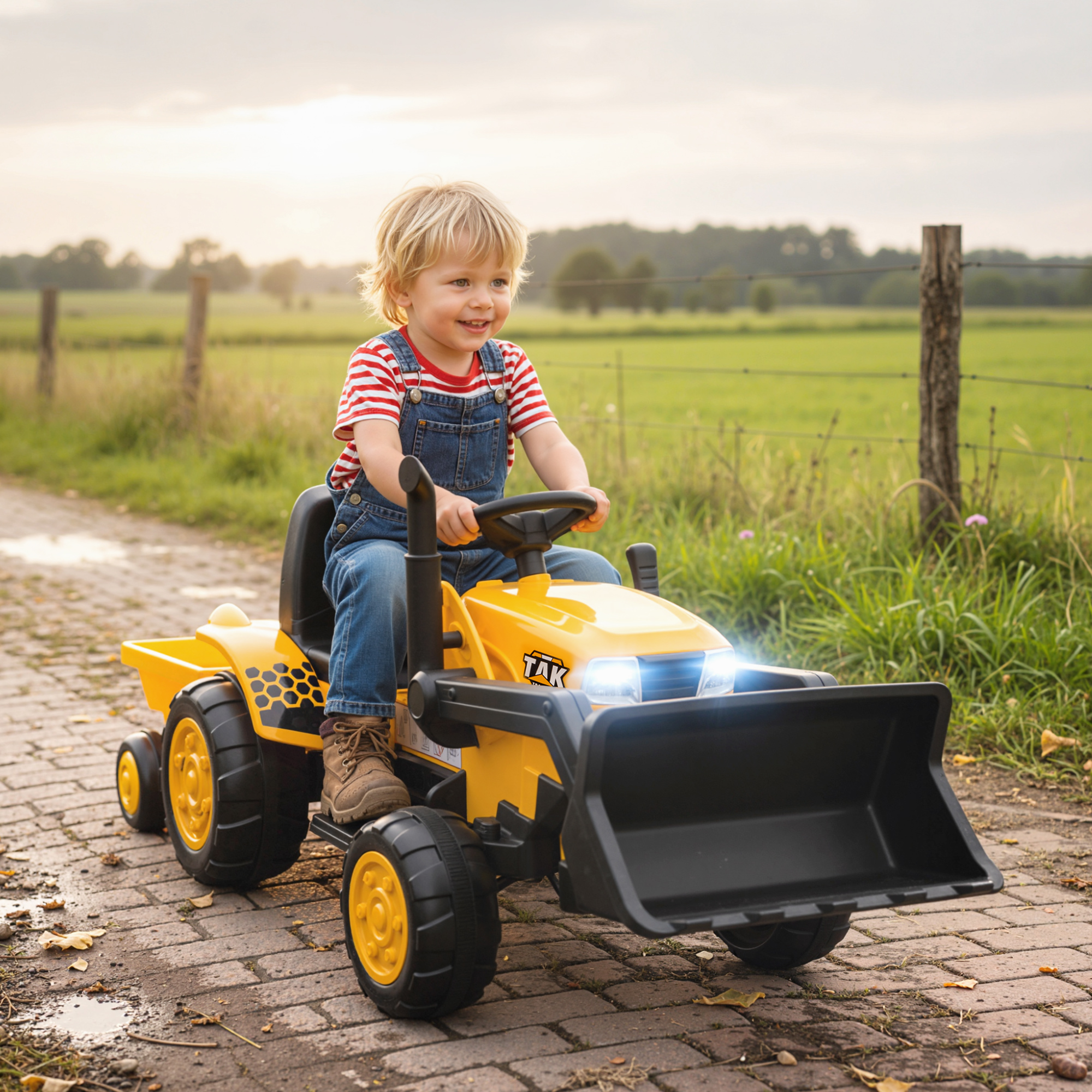Elektrisches Aufsitz-Baufahrzeug, Spielzeugbagger mit Anhänger, 3-8 Jahre, Kunststoff, Stahl, Gelb