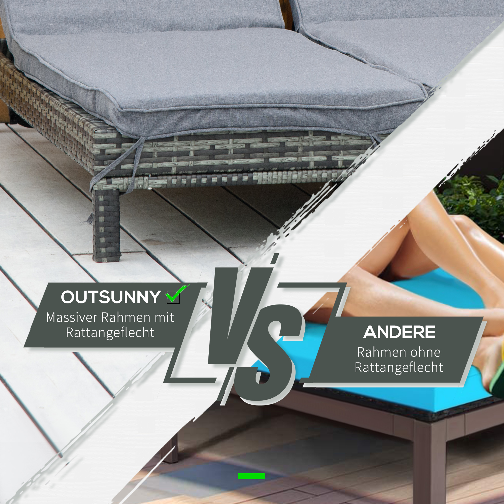 Polyrattan Doppelliege Sonnenliege Gartenliege für 2 Personen Relaxliege Luxus Lounge 5-stufige Rückenlehne Metall PE Rattan Grau 196 x 120 x 28 cm