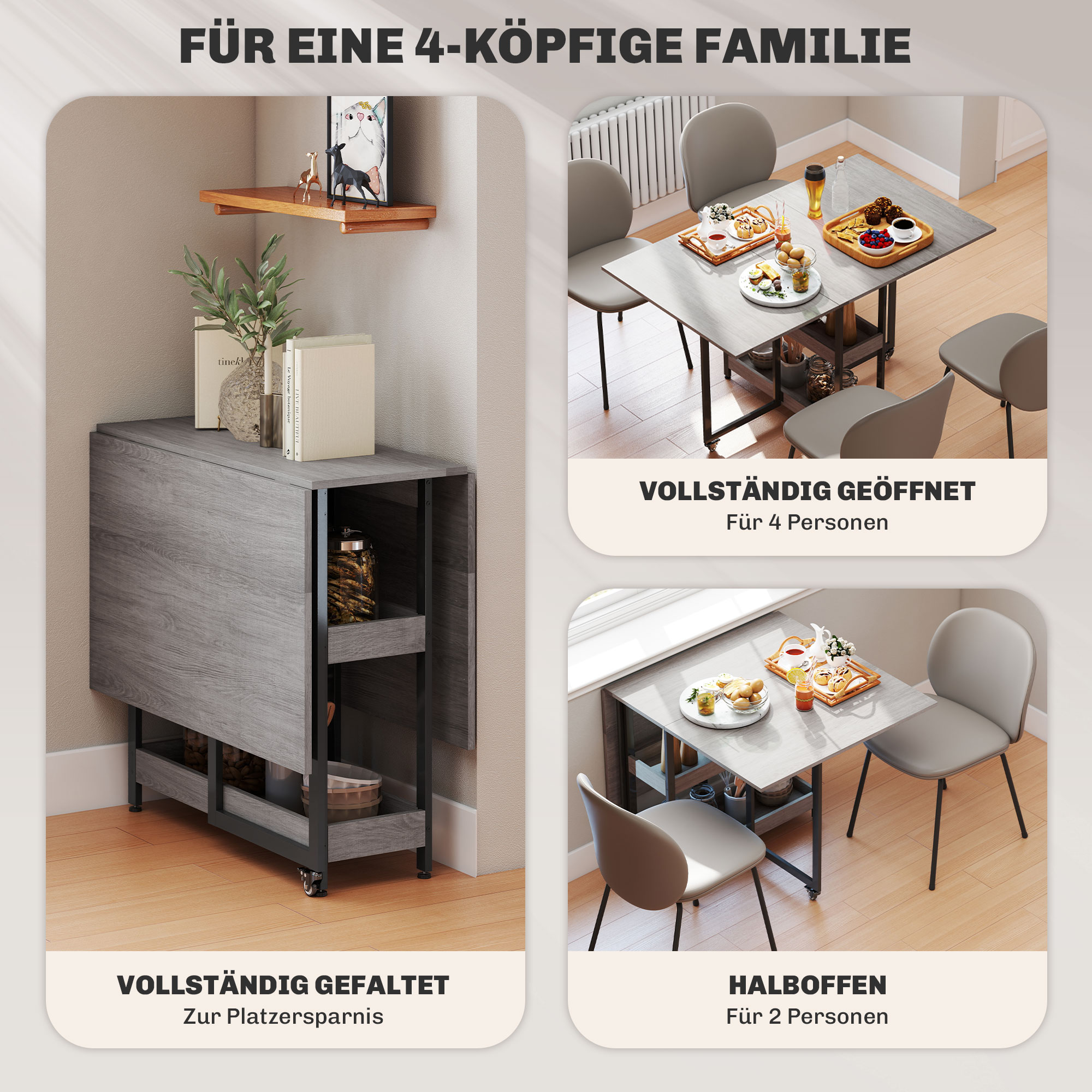 Klappbarer Esstisch im Industriedesign, für bis zu 4 Personen, offene Regale, flexibel, Metall, Spanplatte, Grau