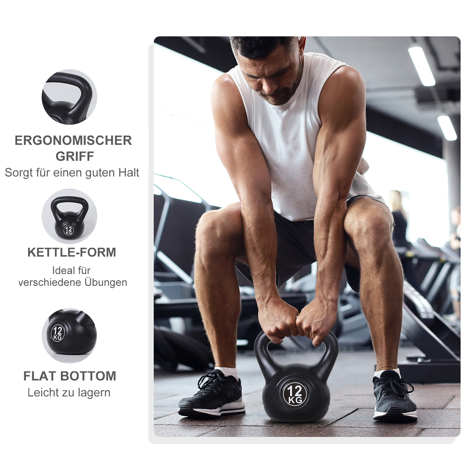 Kettlebell Kugelhantel 12 kg Gewicht-Hantel mit Sand befüllt für Anfänger Schwarz