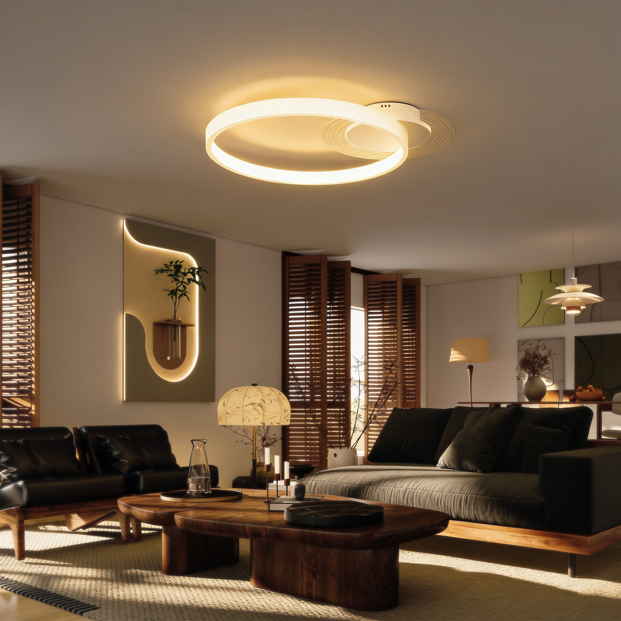 Deckenlampe, Deckenleuchte mit Zwei-Ring-Design, Rund 50 x 40 x 7,4 cm, Weiß