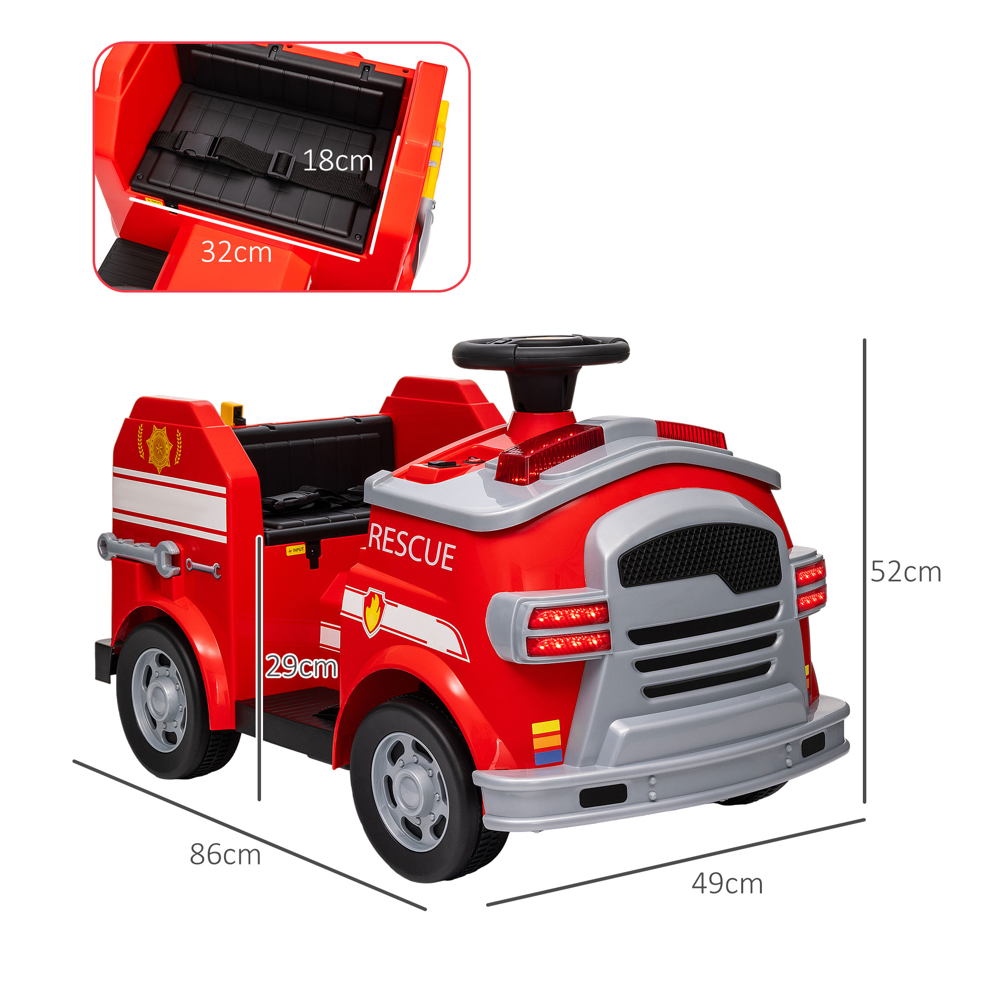 Feuerwehrauto, Elektro-Kinderauto, max. 3 km/h, Sirene, Blaulicht, Werkzeuge, für Kinder 3-5 Jahre