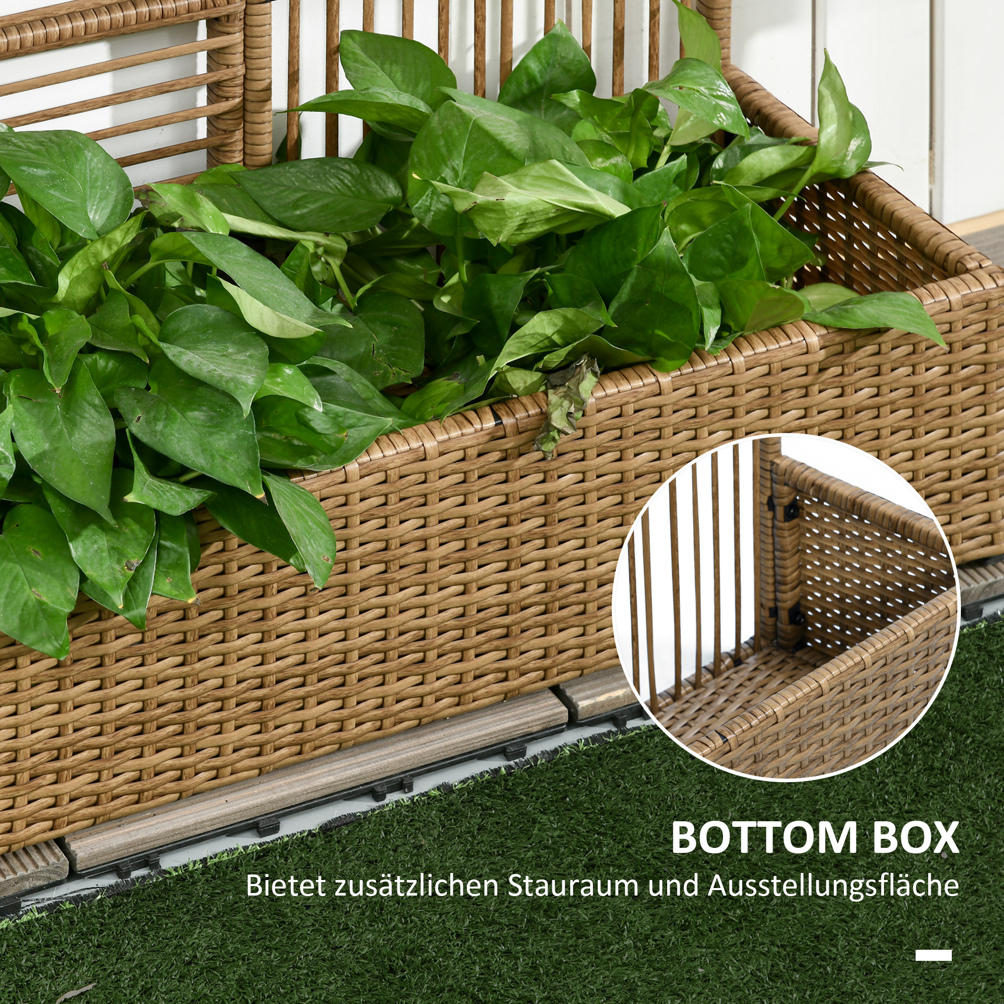 Blumenkasten mit Spalier, wetterfest, Polyrattan, 103 x 103 x 29 cm, Sandfarbe