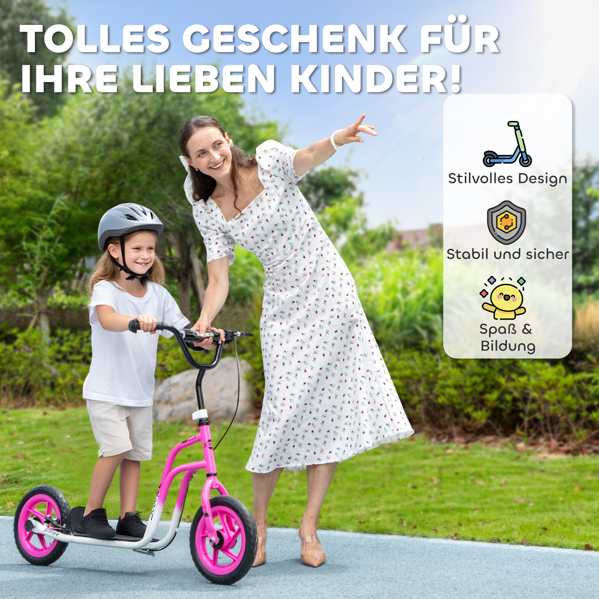 Kinderroller mit verstellbarem Lenker, große Räder, Parkständer, Handbremse, für Kinder im Alter von 5-12 Jahren, Rosa