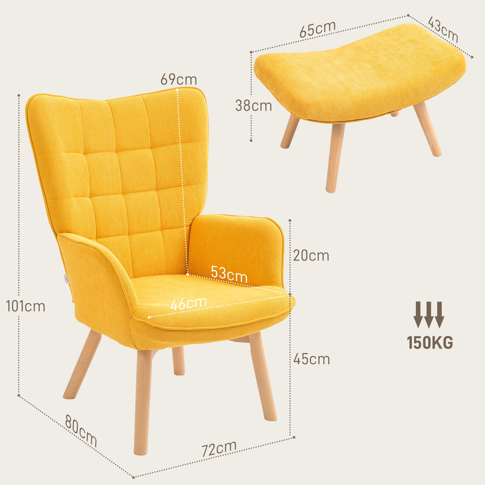 Akzentsessel mit Hocker, Relaxsessel in Cord-Optik, Armlehnstuhl mit Holzbeinen, für Wohnzimmer, Orange