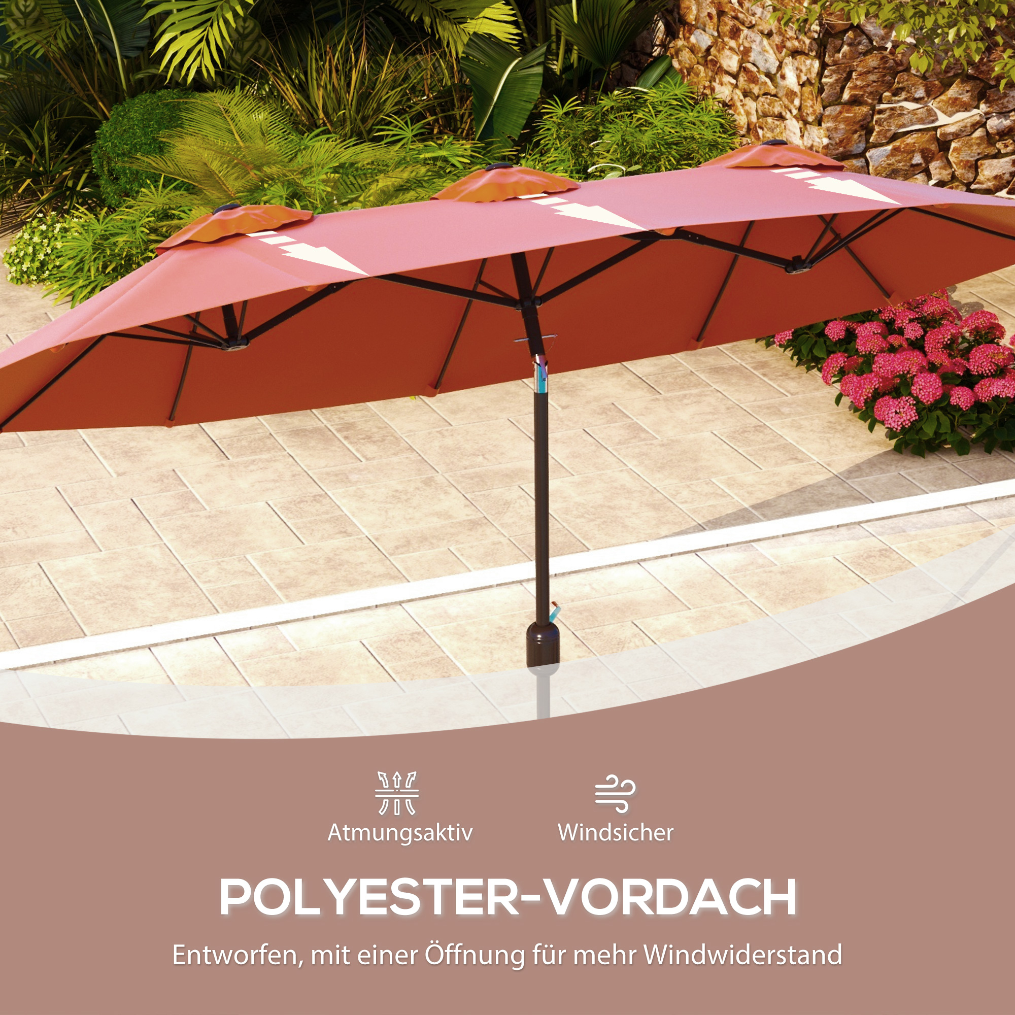 Sonnenschirm, Gartenschirm, neigbar, mit Handkurbel, Winddach, Polyester+Stahl, Weinrot, 295 x 152 cm